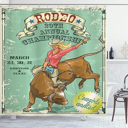 Ambesonne Cortina de ducha retro, Rodeo Cowgirl on The Bull Annual Championship Vintage Poster Pattern Grunge, juego de decoración de baño de tela