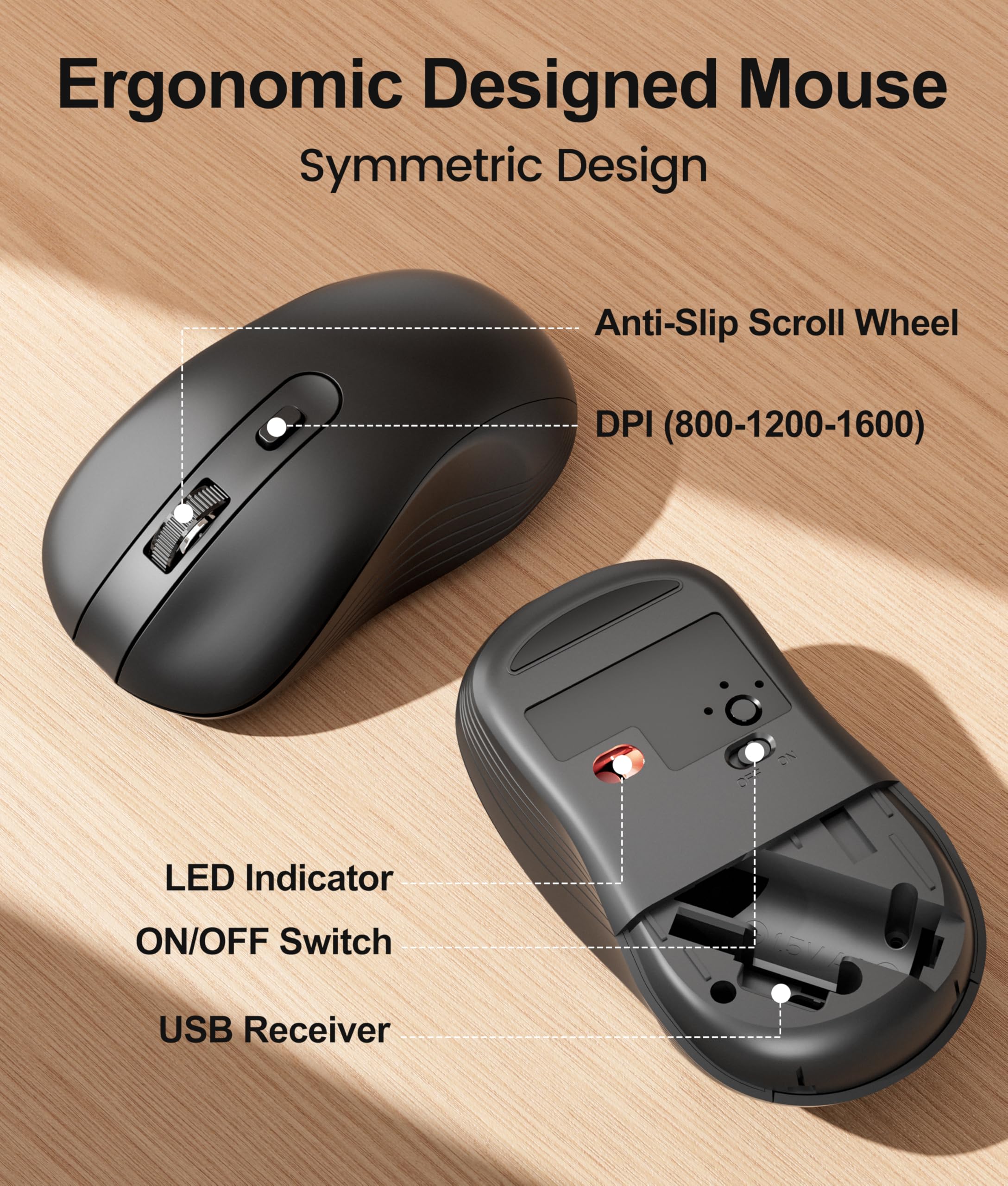 Combo de teclado y mouse inalámbricos, escritura silenciosa y clics silenciosos, reposamuñecas ergonómico de tamaño completo, Plug and Play de 2.4 GHz, teclas de acceso rápido multimedia, mouse DPI de