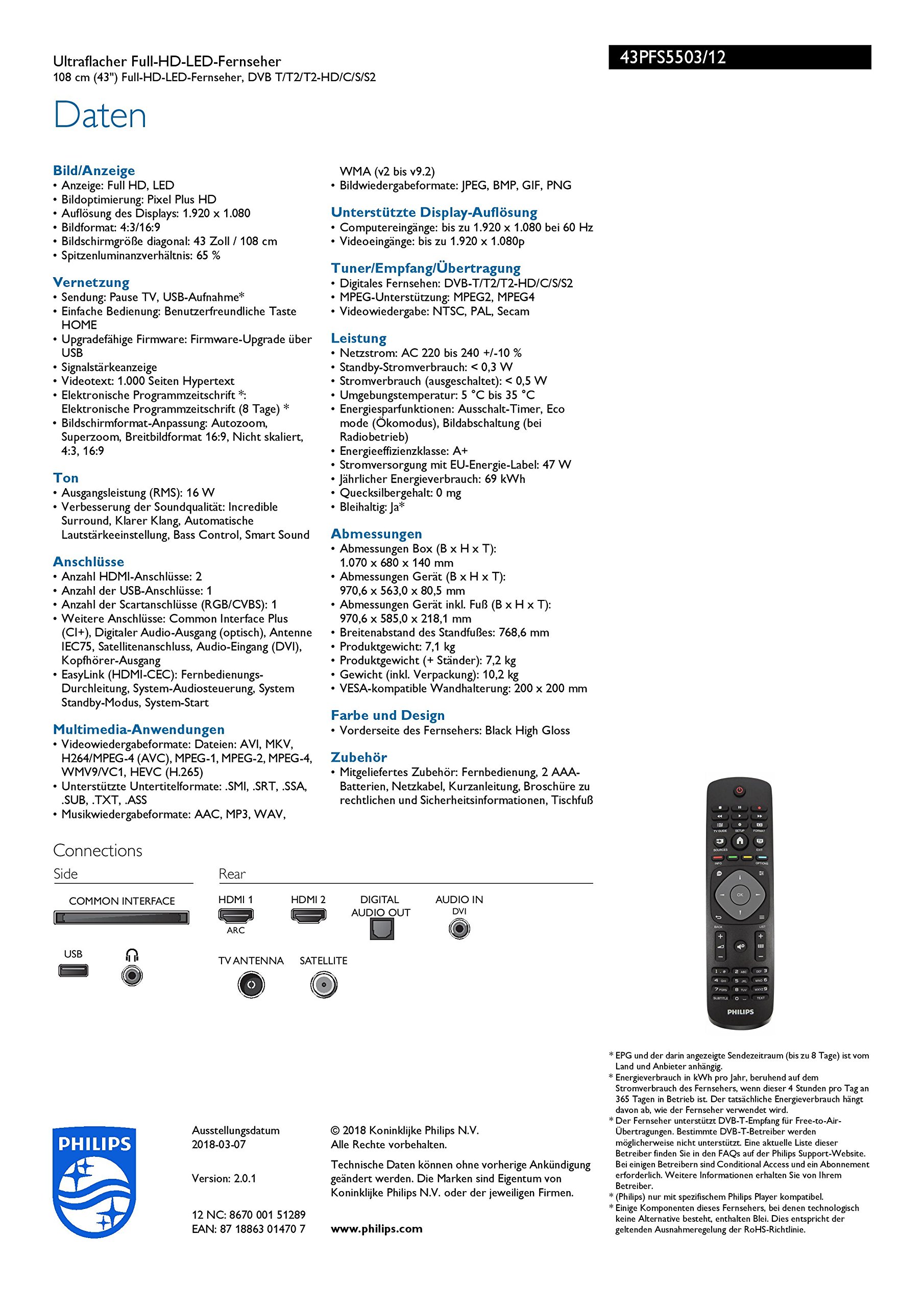Télécommande Neuve Pour TV Philips 32PHT5525 / 43PFS5503 - Remplacement