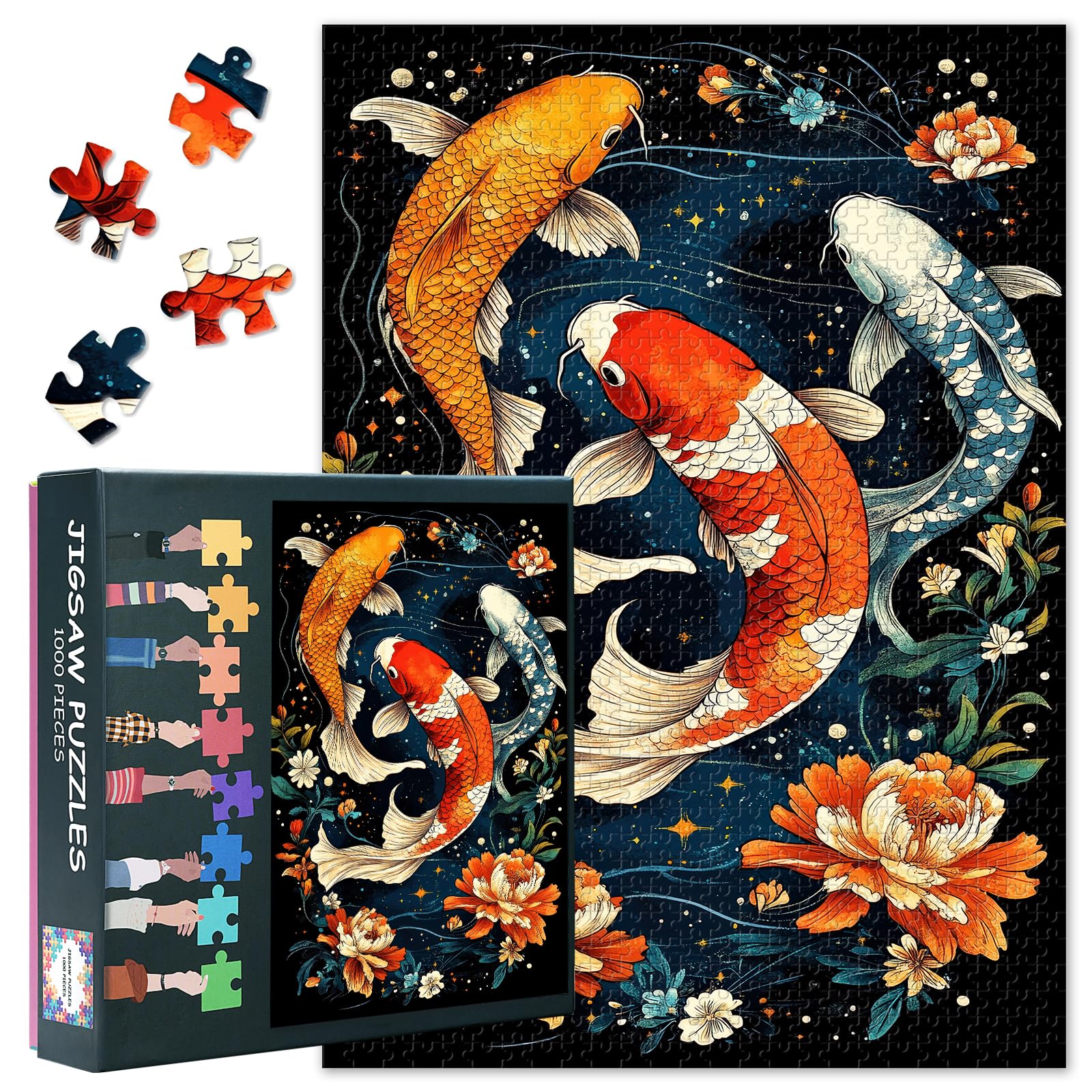 Koi Fish Puzzle for Adults, 1000 Pieces, Difficult and Challenging Blooming Flowers, 70 x 50 cm, Family Puzzle Game, Night and Home Decoration (Animal Series)