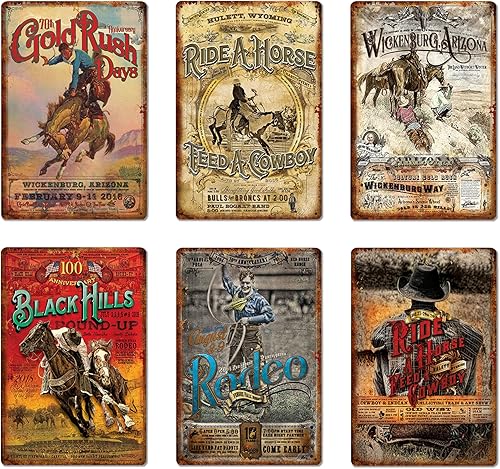Fcimu 6 carteles de pared rústicos de estaño de vaquero occidental, decoración retro vintage con código de vaquero para dormitorio, arte de pared