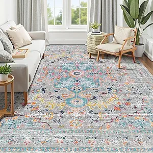 Pauwer Boho Washable Area Rug 9x12 Large Soft Living Room Bedroom Floor Carpet Mat Indoor Farmhouse Vintage Non Slip Accent Throw Rugs for Entryway Kitchen Dorm Dining Room