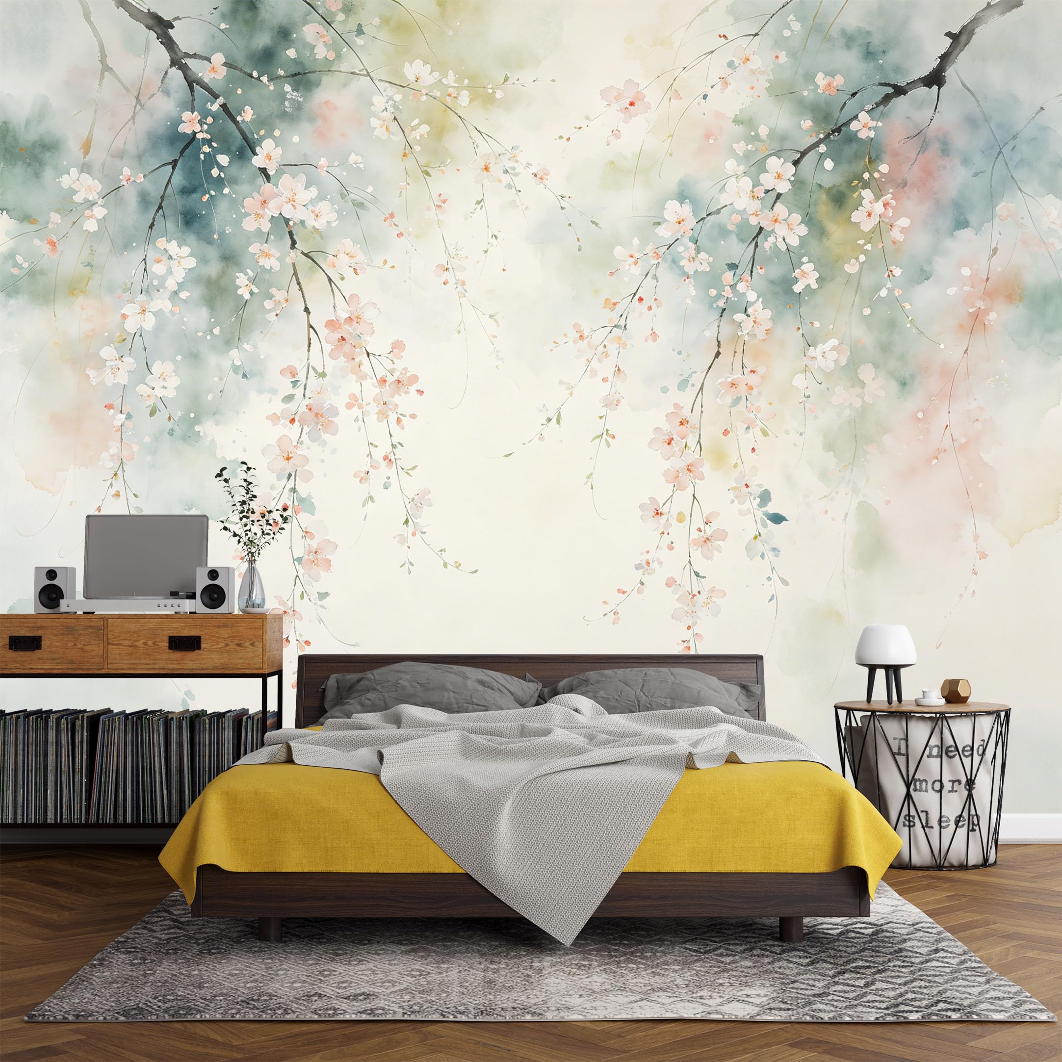 Custom Size Wall Mural Watercolor Cherry Blossom Branch Botanical Aesthetic，SelfAdhesive Art Prints wall Fabric（No PVC） Removable Wallpaper Living Room Decor