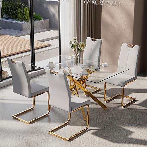 Miniatura 10 de Juego de mesa de comedor de 7 piezas para 6, mesa rectangular moderna de cristal con 6 sillas tapizadas de cuero, juegos de mesa y sillas de comedor