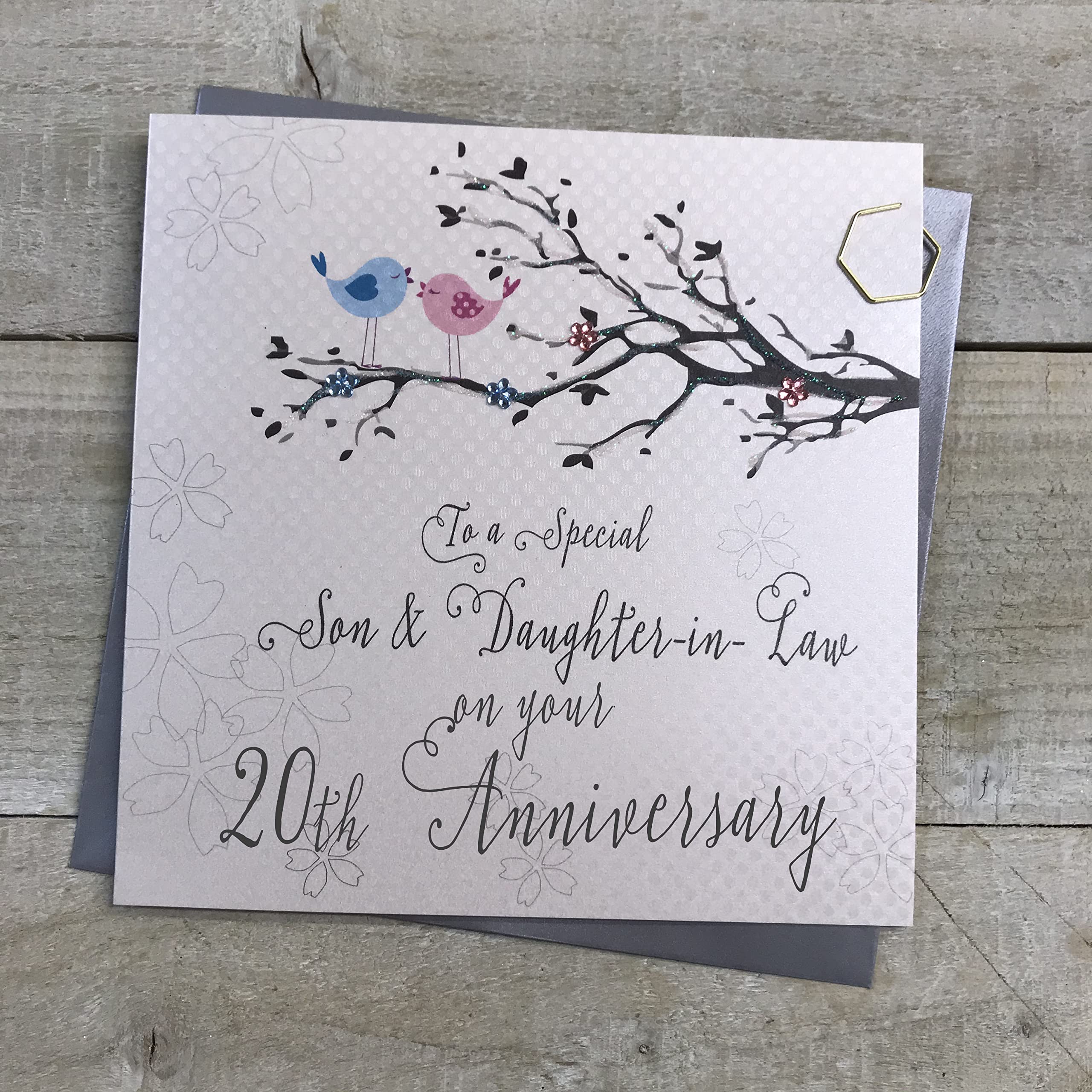 WHITE COTTON CARDS Son & Daughter-in-Law 20th Wedding Anniversary Card Twentieth China Birds and Tree branch