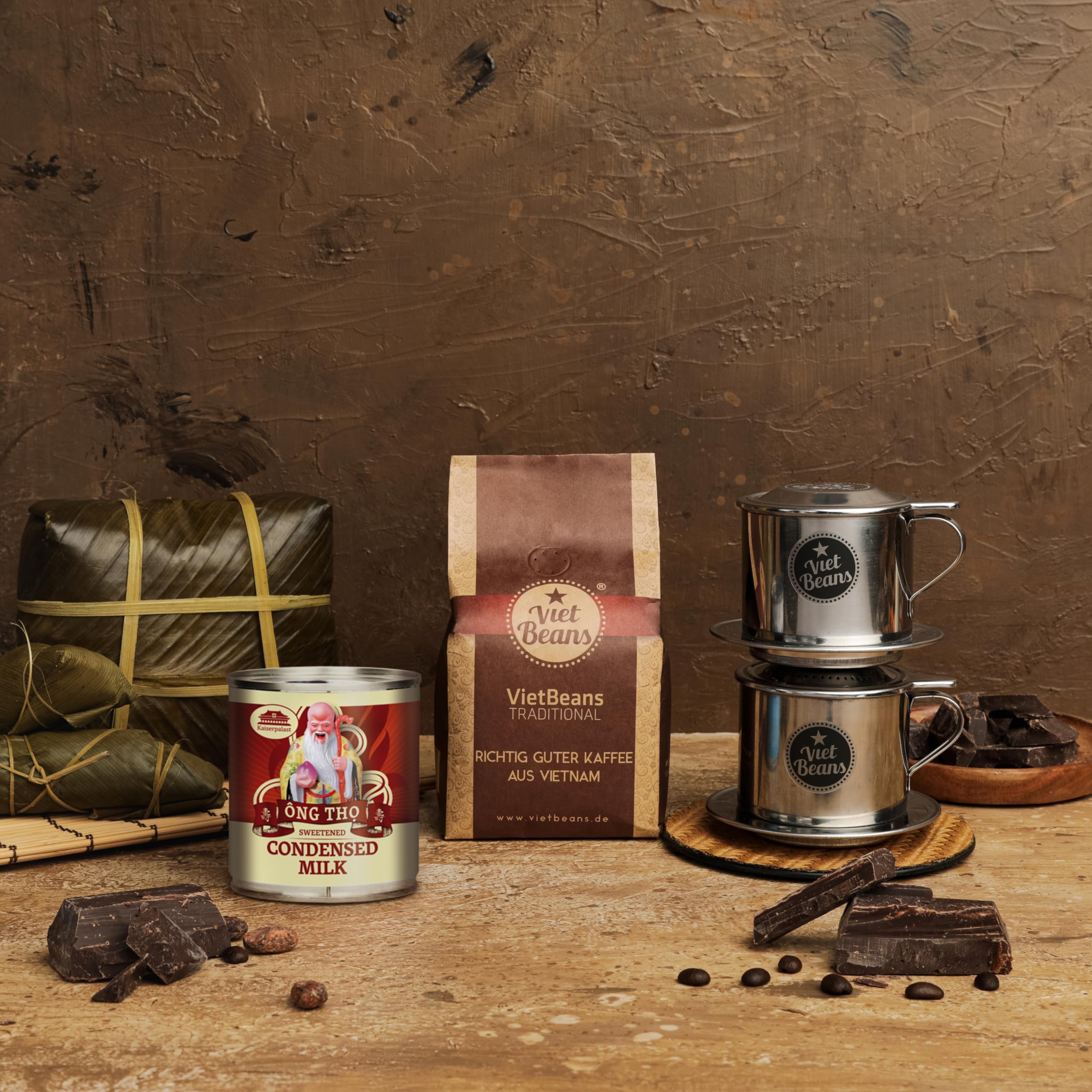 VietBeans Geschenkset Frühstück zu zweit Kaffeegeschenk 250g gemahlener Traditional 2x Edelstahlfilter Phin Kondensmilch