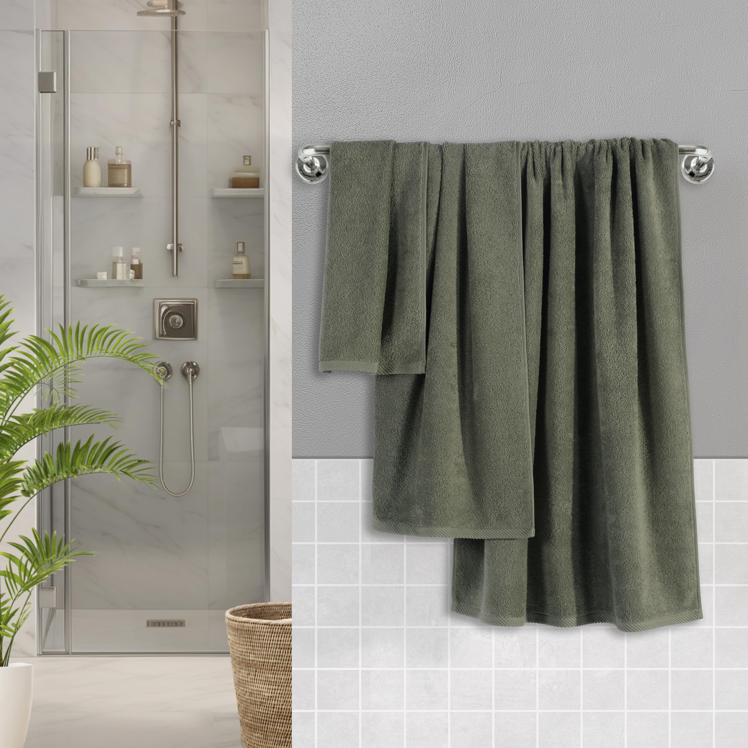 Roominess Handtuch Set 100% Baumwolle 6-teilig Salbeigrün (30x50, 50x100, 70x140) – Handtücher, Duschtücher & Gästehandtücher mit Aufhänger – saugfähig, Hotelqualität – Für Bad, Sauna, Hotel & Airbnb