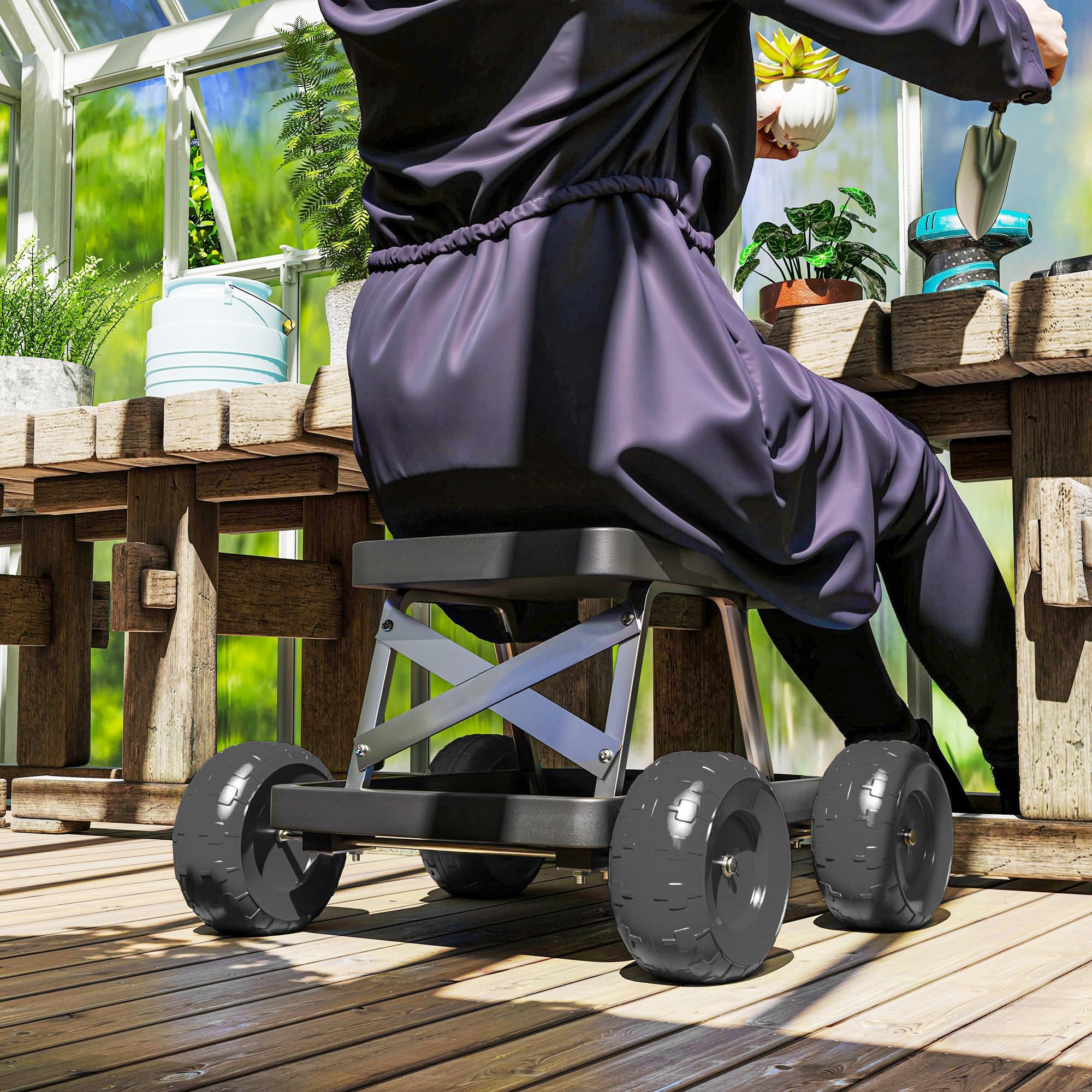 Outsunny Asiento de Jardín con Ruedas Taburete de Jardinería con Bandeja de Herramientas Carrito para Trabajo Carga 130 kg para Patio Exterior Negro