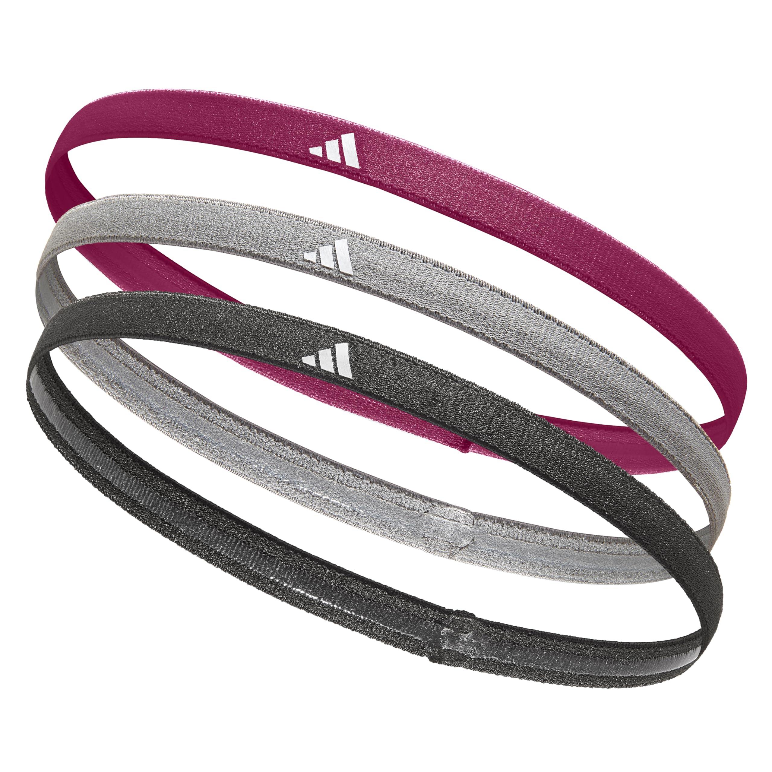 adidas Unisex Polyester Sports Hair Bands - Black, Grey, Power Berry (3 Pack), Multicolor