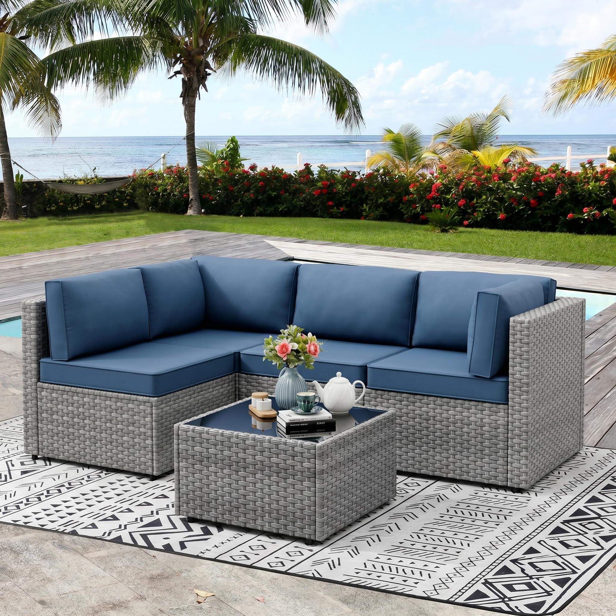 Photo 1 of ***MISSING PIECES -SELLING AS INCOMPLETE PARTS ONLY -SELLING AS IS *** Outdoor Sectional Furniture, All-Weather Rattan Patio Furniture Wicker Patio with Cushion, Glass Table, Navy Blue