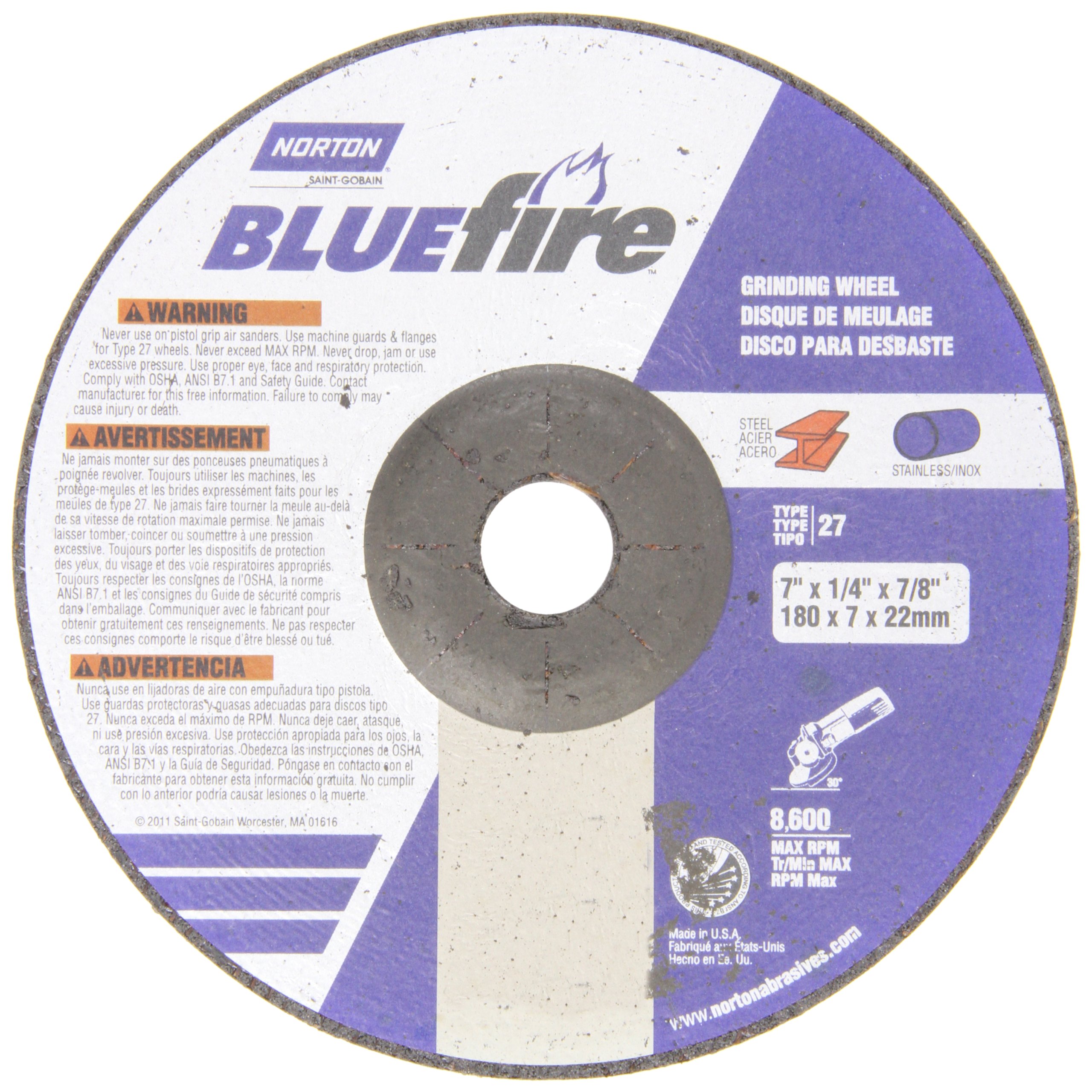 Norton Blue Fire Plus Depressed Center Abrasive Wheel, Type 27, Zirconia Alumina, 7/8