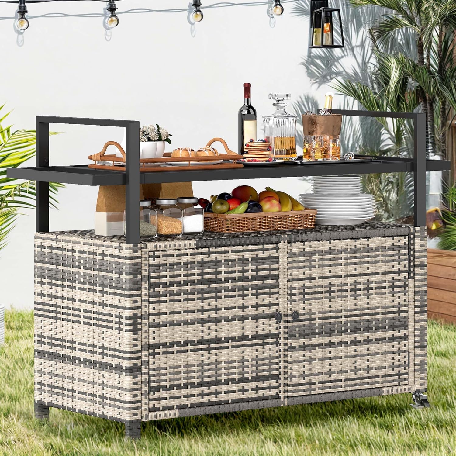 DWVO XXL Patio Storage Cabinet,Outdoor Bar Cart with Glass Top,Outdoor Storage Cabinet with Wheels for Patio, Poolside and Backyard, Grey