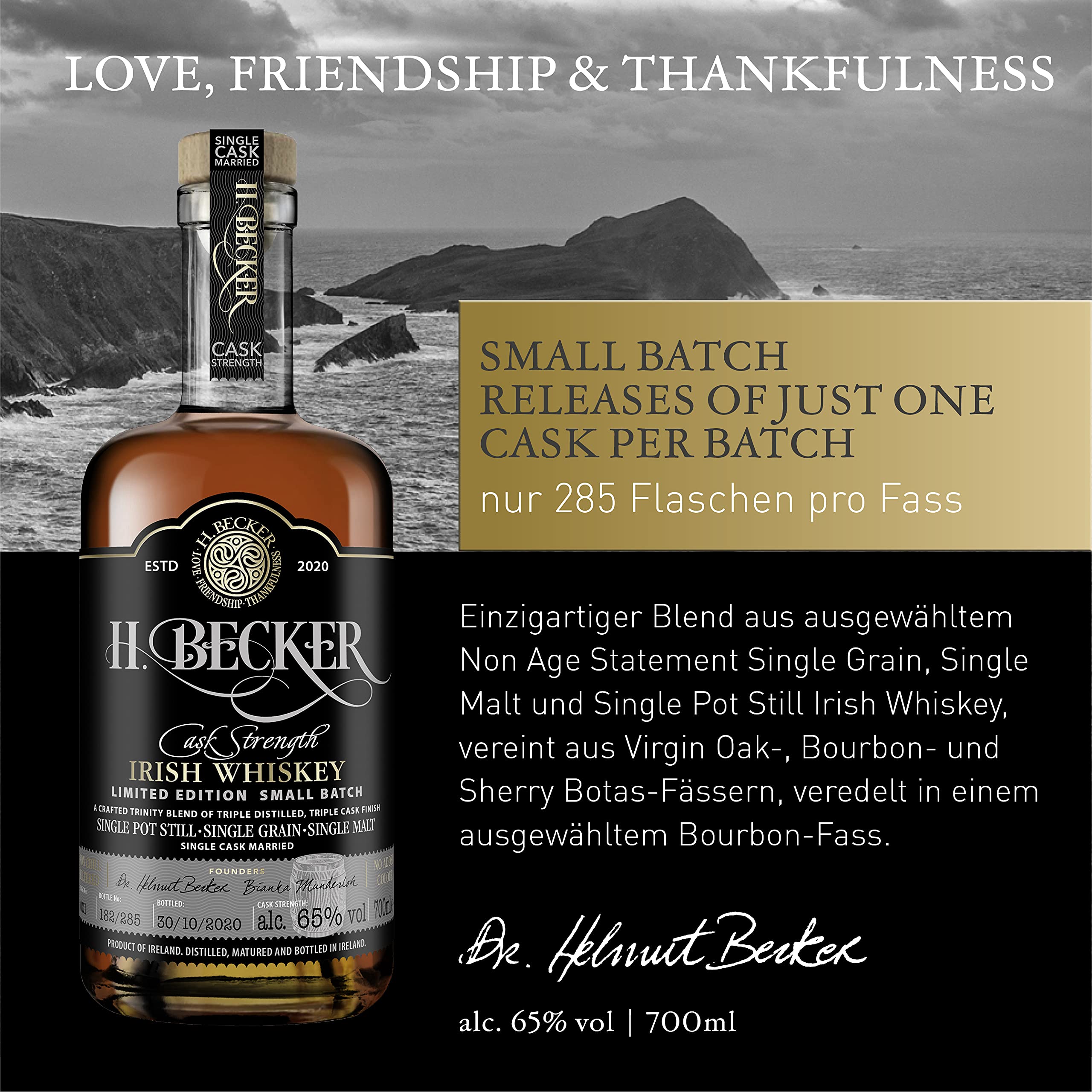 H. Becker Cask Strength Irish Trinity Whiskey I Limitierter Small Batch Whiskey I Trinity Blend aus Single Pot Still, Single Grain & Single Malt I 65% Vol. I 0,7 L