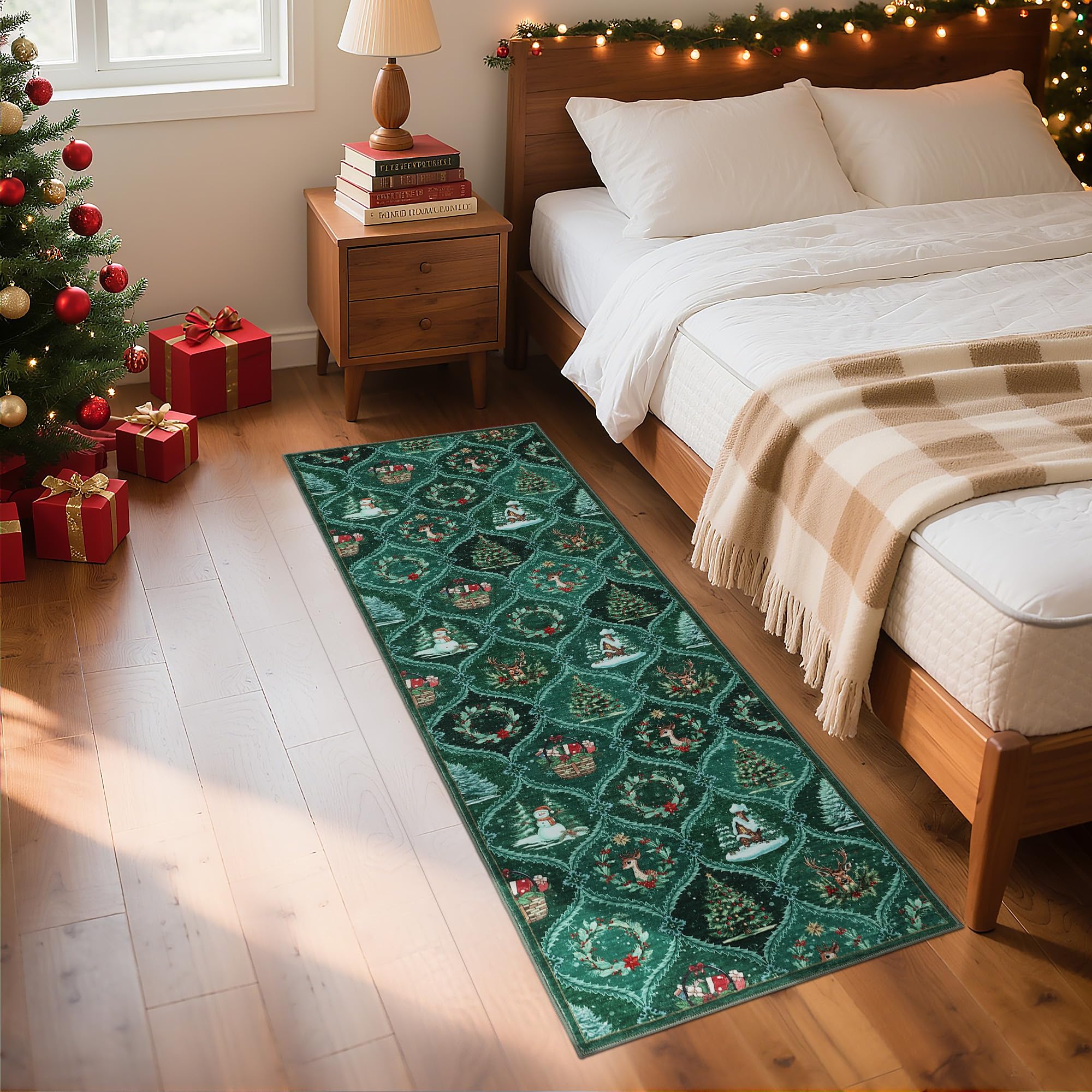 LuxFocus Christmas Runner Rug 60x180cm Vintage Grid Non-Slip Hallway Green