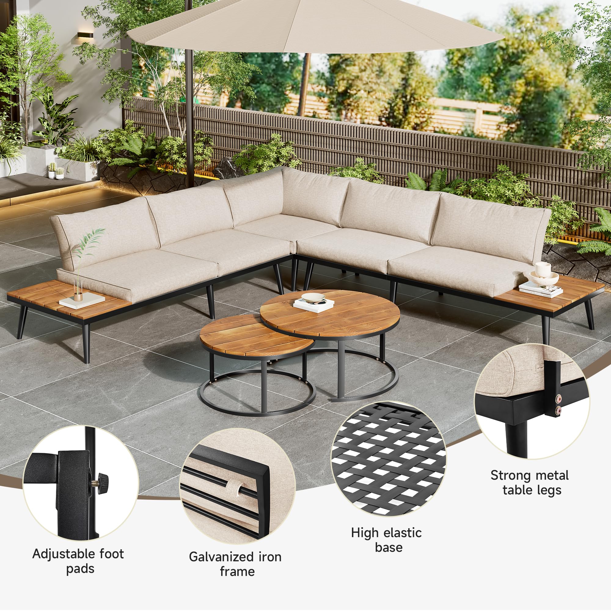 Moimhear Set sala da giardino per 5-6 persone, mobili da giardino in ferro zincato, 6 pezzi