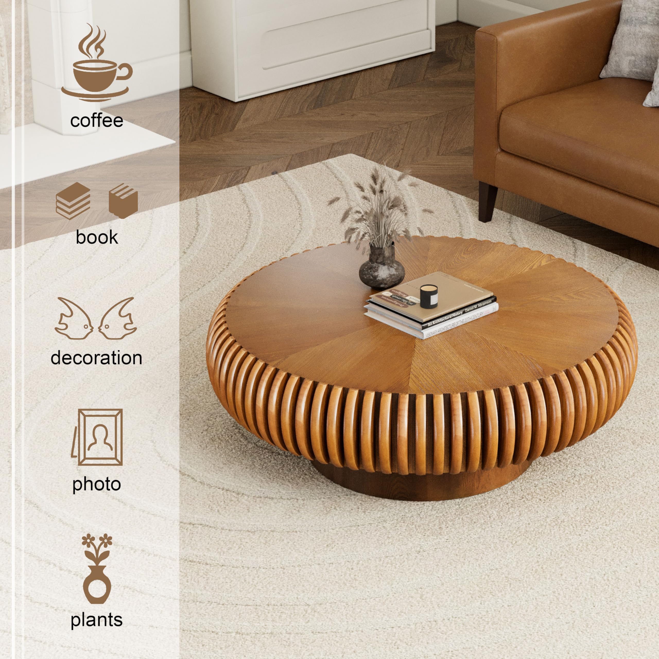 80 cm Mesa de Centro Redonda, Marrón | Tambor Estriado, Estilo Mid-Century - Mesa Central para Salón, Apartamento, Pequeños Espacios - Montaje Sencillo