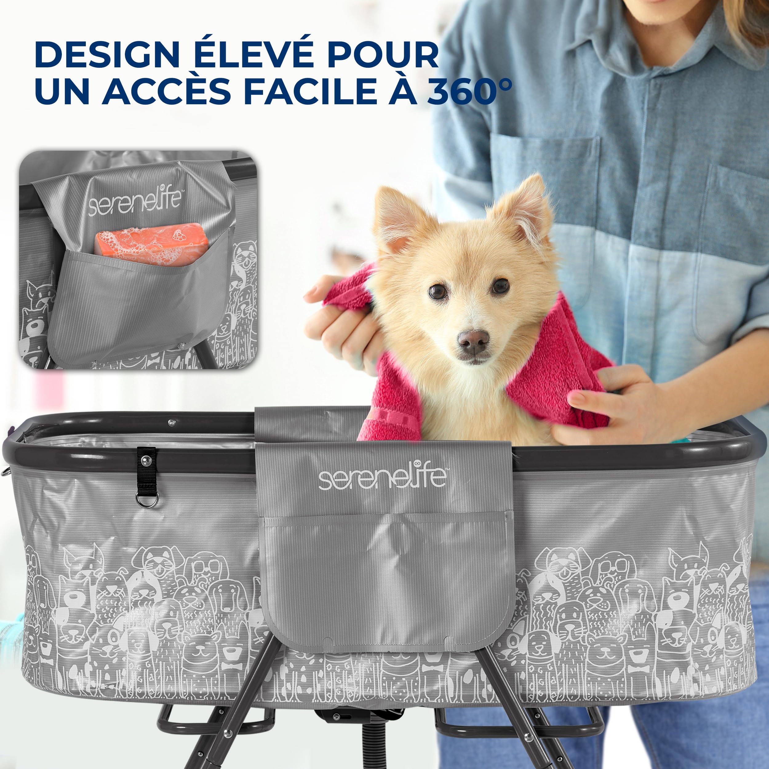 SereneLife Baignoire Pliable pour Chiens avec Hauteur Réglable, Station de Toilettage avec Drainage, Sangle de Sécurité 3 Points et Poches de Rangement, Jusqu’à 59 kg, Soin et Bain pour Chiens & Chats
