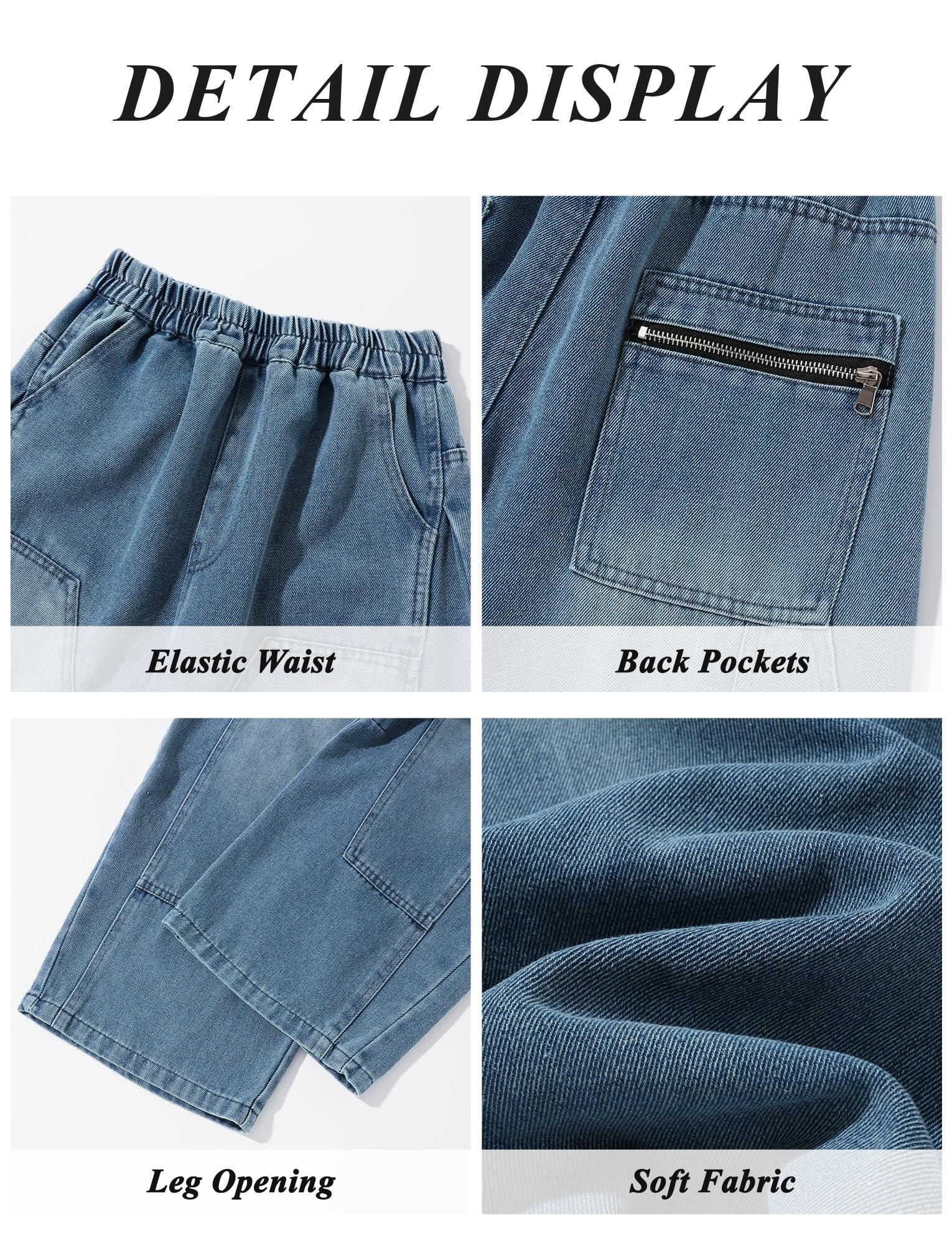 SEAUR Pantalones de mezclilla holgados de pierna ancha para niños, cintura elástica, pantalones de mezclilla para niños, pantalones cargo vintage Y2K, algodón, 6-15 años