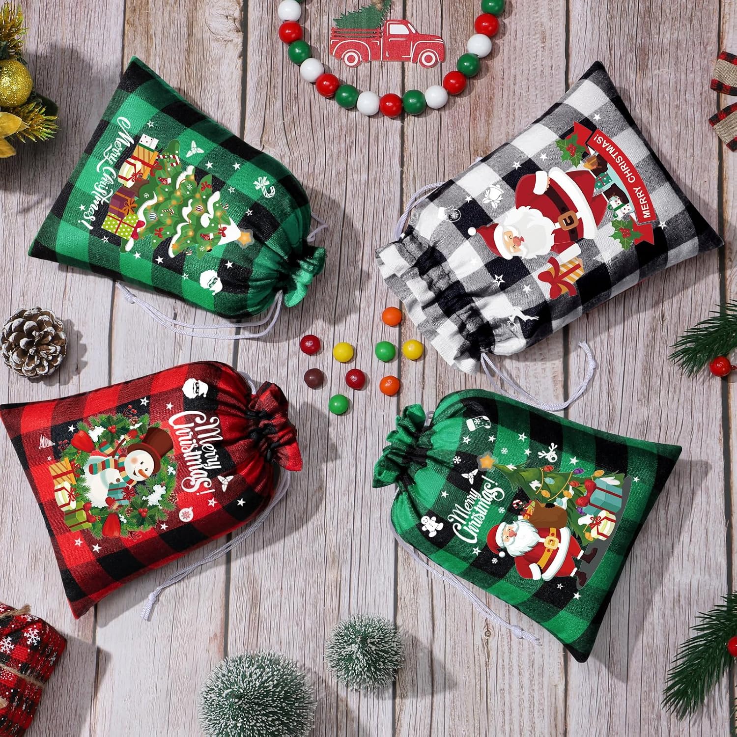 FLOE 24Pcs Burlap Christmas Drawstring Bags, 6x8in Buffalo Plaid Xmas Gift Bags w/Tag Xmas Candy Bag Small Christmas Linen Treat Goody Sacks Reusable Gift Wrapping Bag Holiday Party Favors Sack image 4