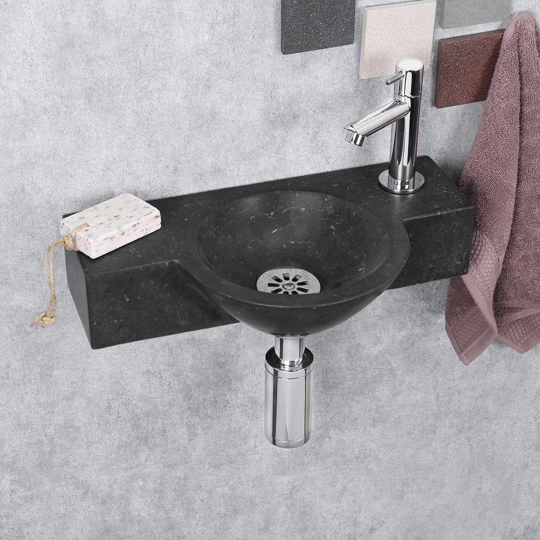 Differnz Teti Lavabo - Lave main Pierre Naturelle Noire - Robinet Droit Chrome - Ensemble Complet - 40 x 23 x 8 cm