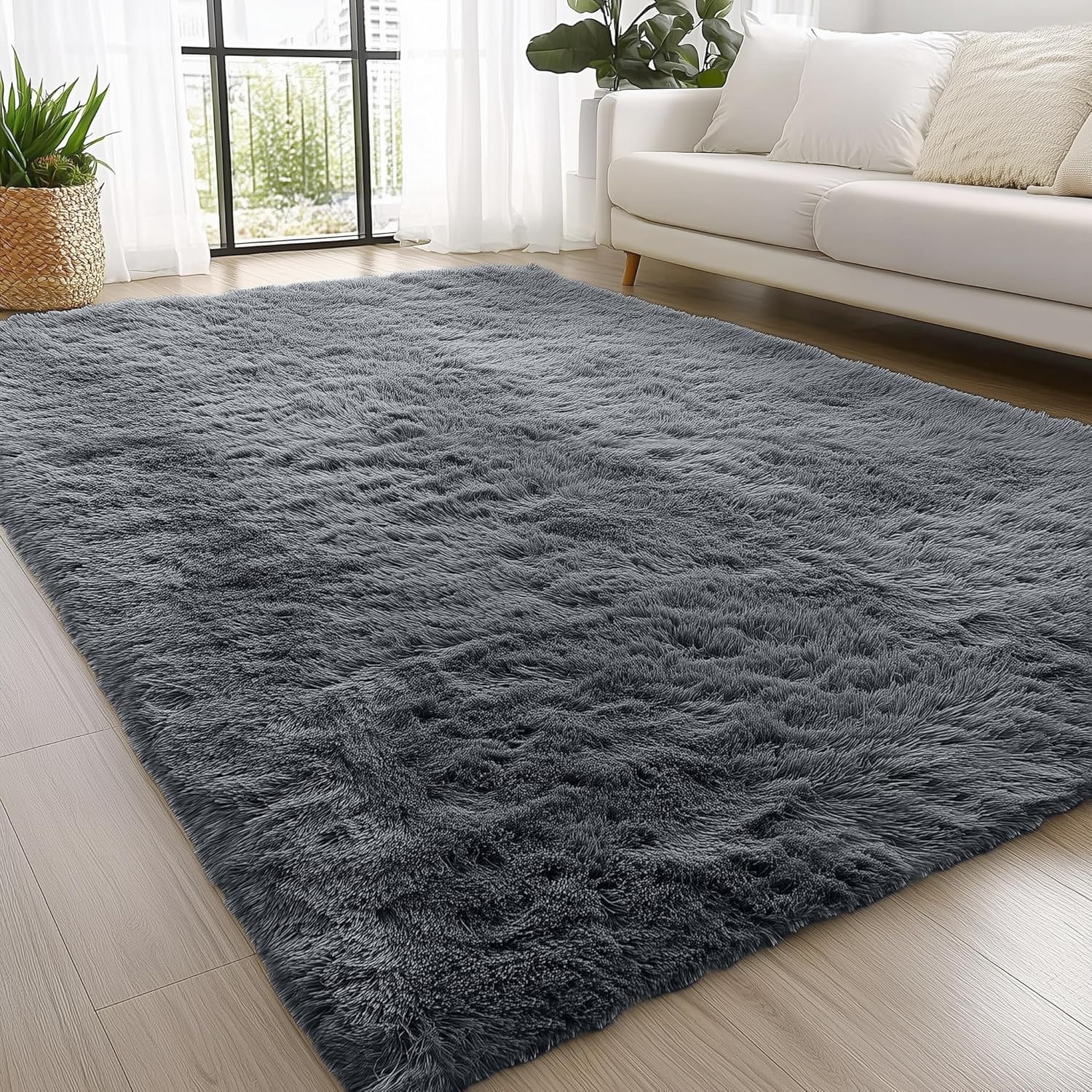 OLANLY Fluffy Area Rug for Living Room Bedroom  4x5.9 Feet Soft Shaggy Non-Slip Carpet  Indoor Modern Plush Area Rugs for Kids Girls and Boys  Dorms  Nursery Rooms  Home Decor  Grey