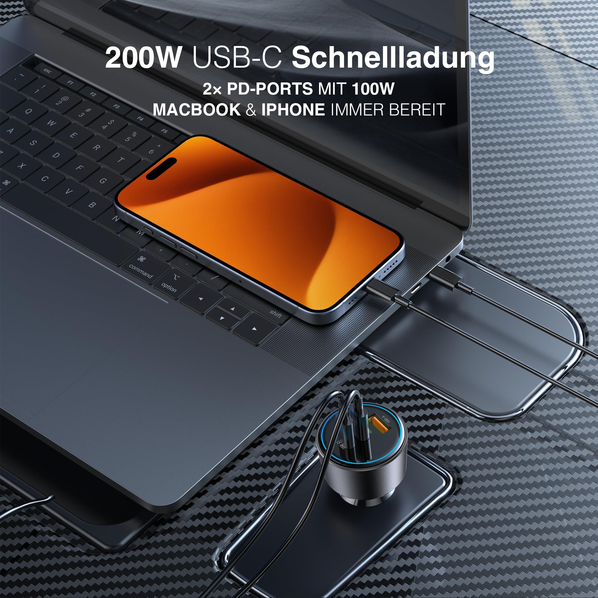 PORTENTUM Zigarettenanzünder USB C 200W + 100W USB-C Kabel – Triple Auto Ladegerät – Dual USBC PD 100W + USBA QC 18W – 12V USB Adapter Auto für iPhone iPad MacBook Android Tablet Smartphone