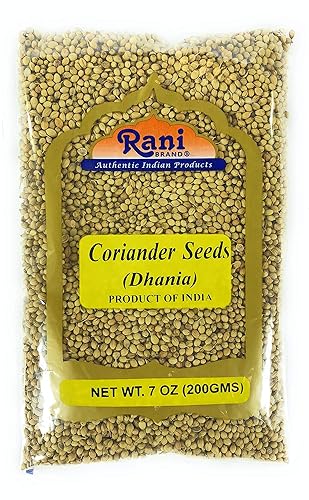 Semillas enteras de cilantro Rani (Dhania), especias indias, 7 onzas (7.05 oz)  Todo natural  Apto para gluten  Sin OMG  Vegano  Origen indio