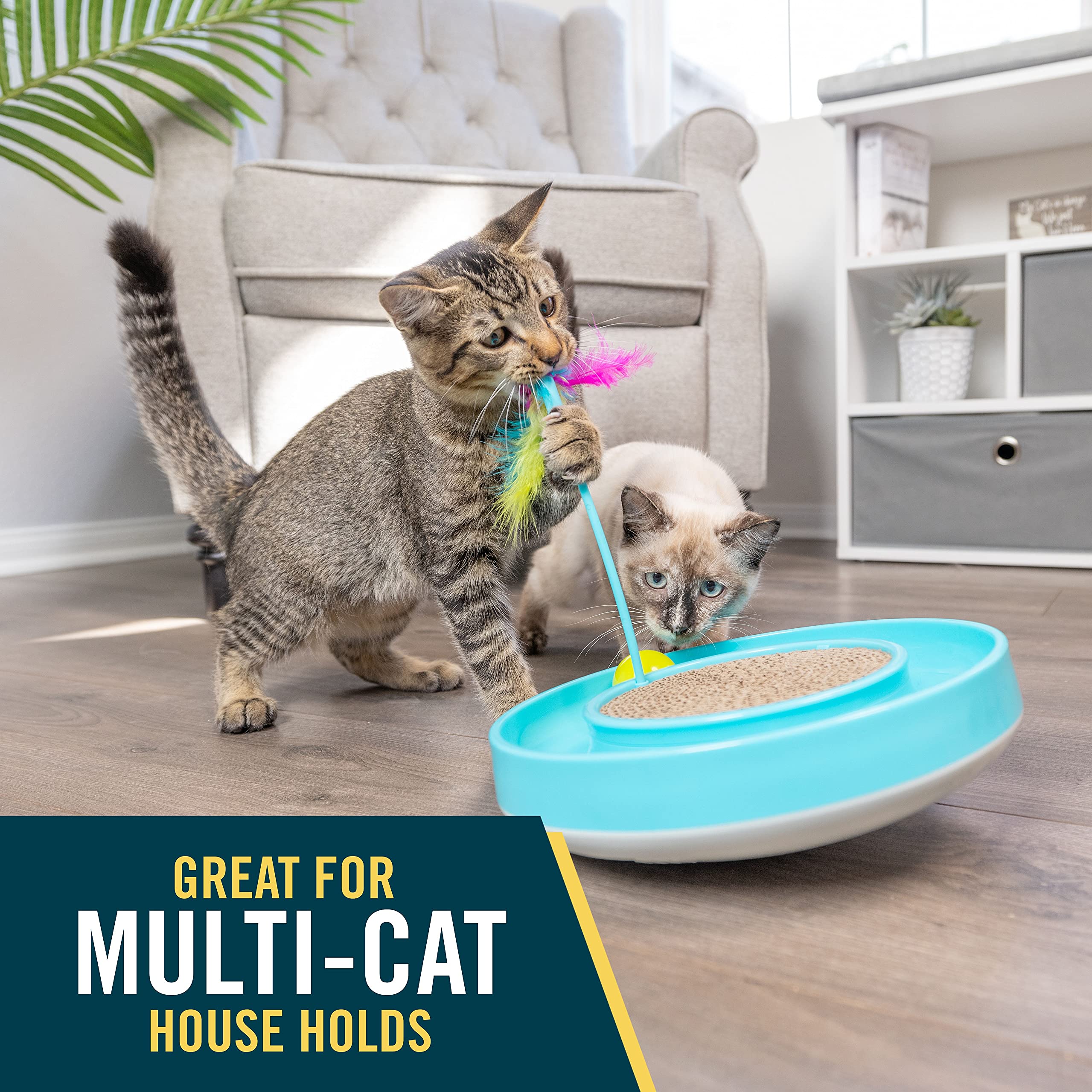 Our Pets Juguete para Gatos Wobble Scratch Track - Juguetes interactivos para Gatos de Interior con Pista de Bola para Gatos Que Rueda, Varita de Plumas y Almohadilla rascadora. Ideal como Juguete