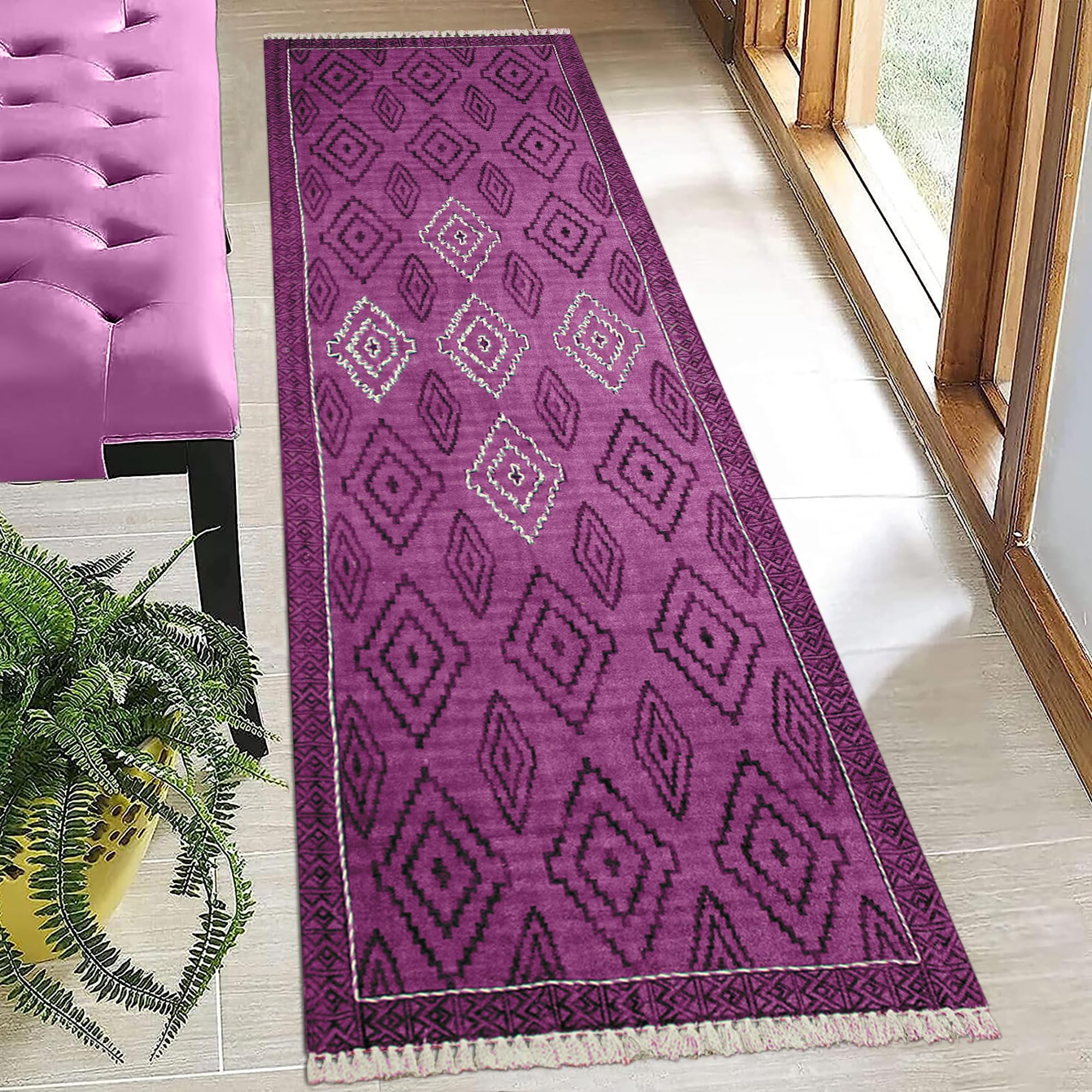 Collection Runner - Area Rug 2.6x6 Purple Pattern Cotton Dhurrie Moroccan Kilim Rug Indoor Outdoor Use Mat Rugs for Home & Foyer Corridor Enterway Hallway & Stair Runner