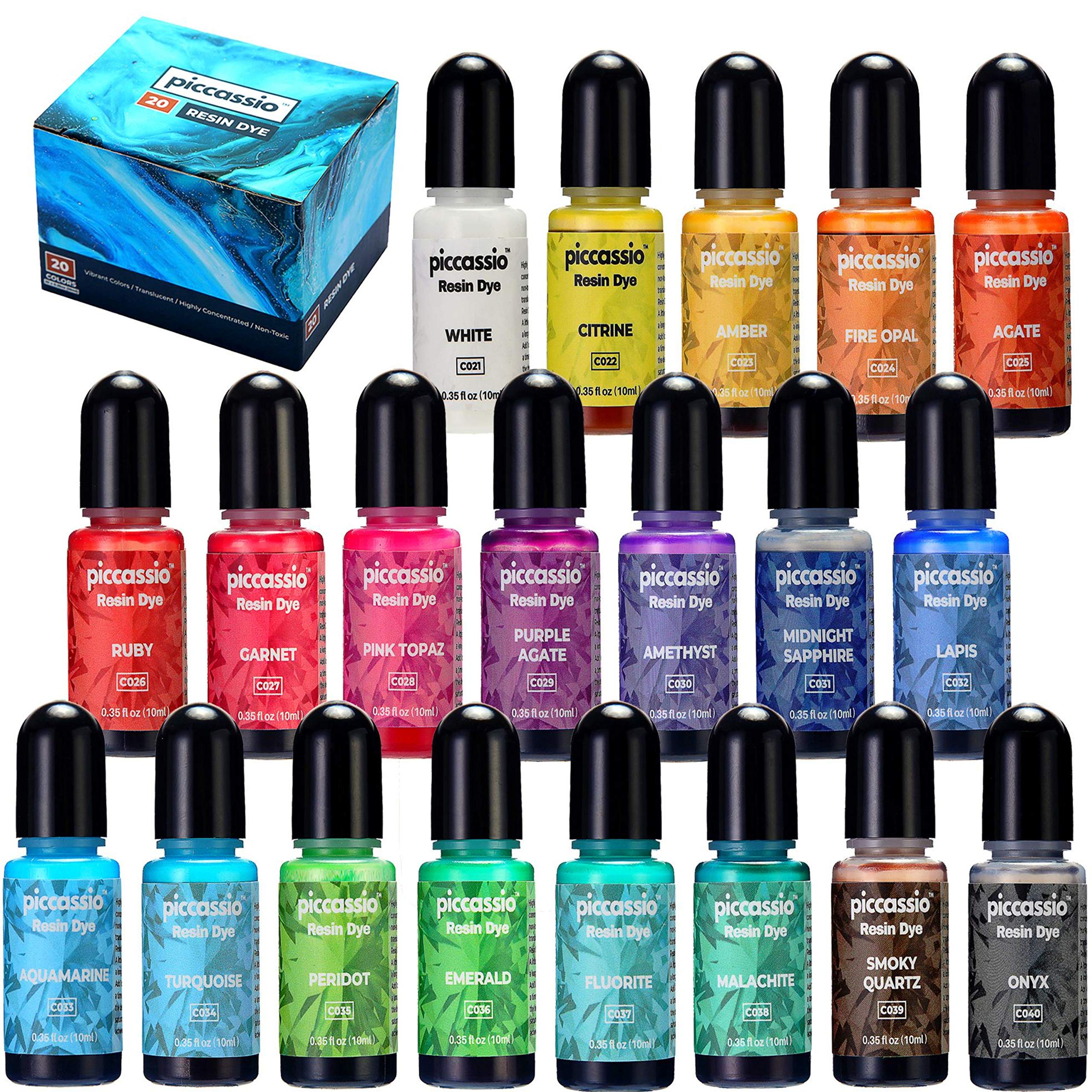 Epoxy Resin Dye - 20 Highly Concentrated Glorious Hues - Liquid Translucent Epoxy Resin Pigment Set - Versatile Resin Color Pigment for Coloring Resin Jewelry, DIY Arts and Crafts - Each 0.35 oz/10ml