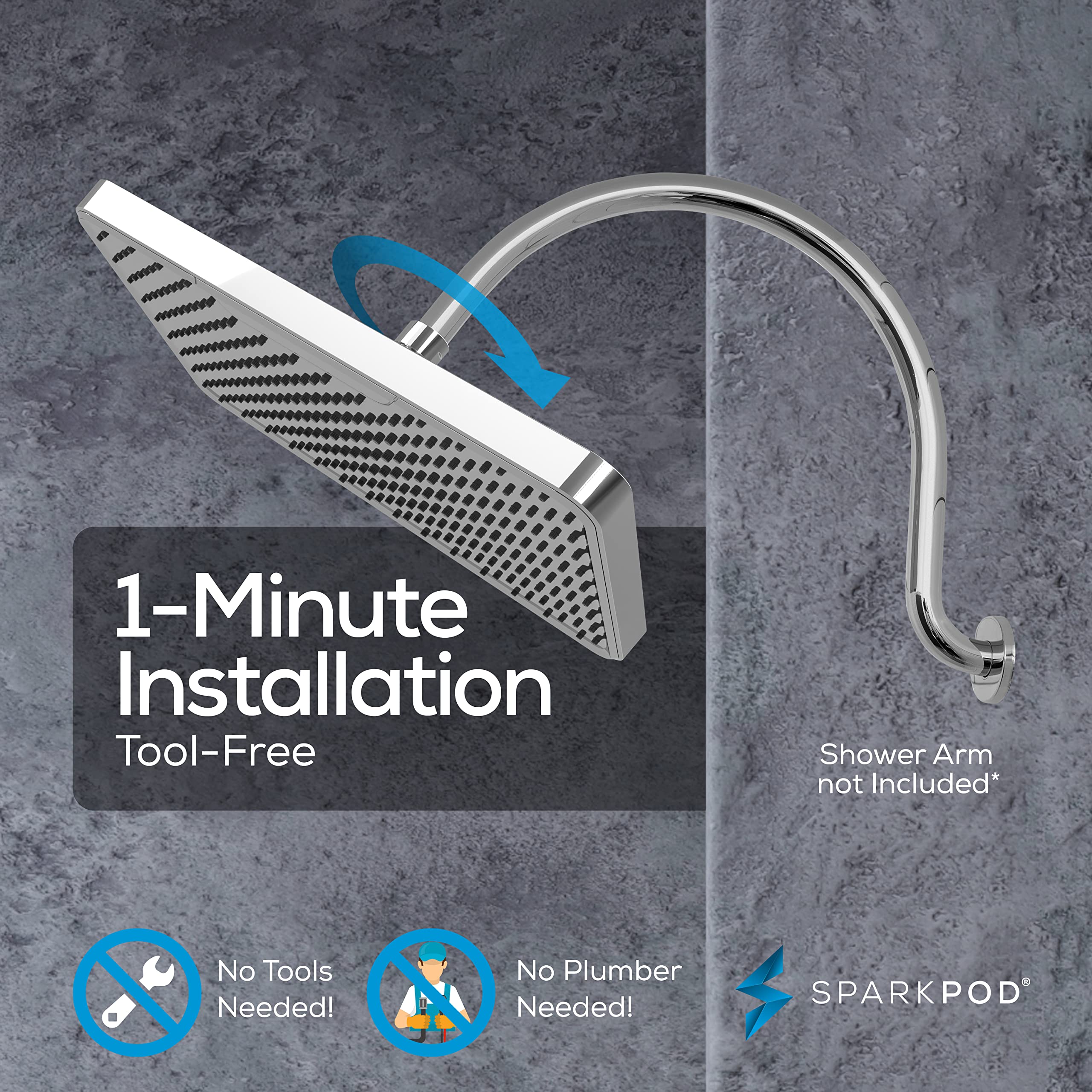 SparkPod Soffione doccia rettangolare da 30,5 cm, montaggio a soffitto o a parete, soffione doccia a grande copertura, giunto sferico in ottone con regolazione a 360°, installazione 1 minuto (cromo