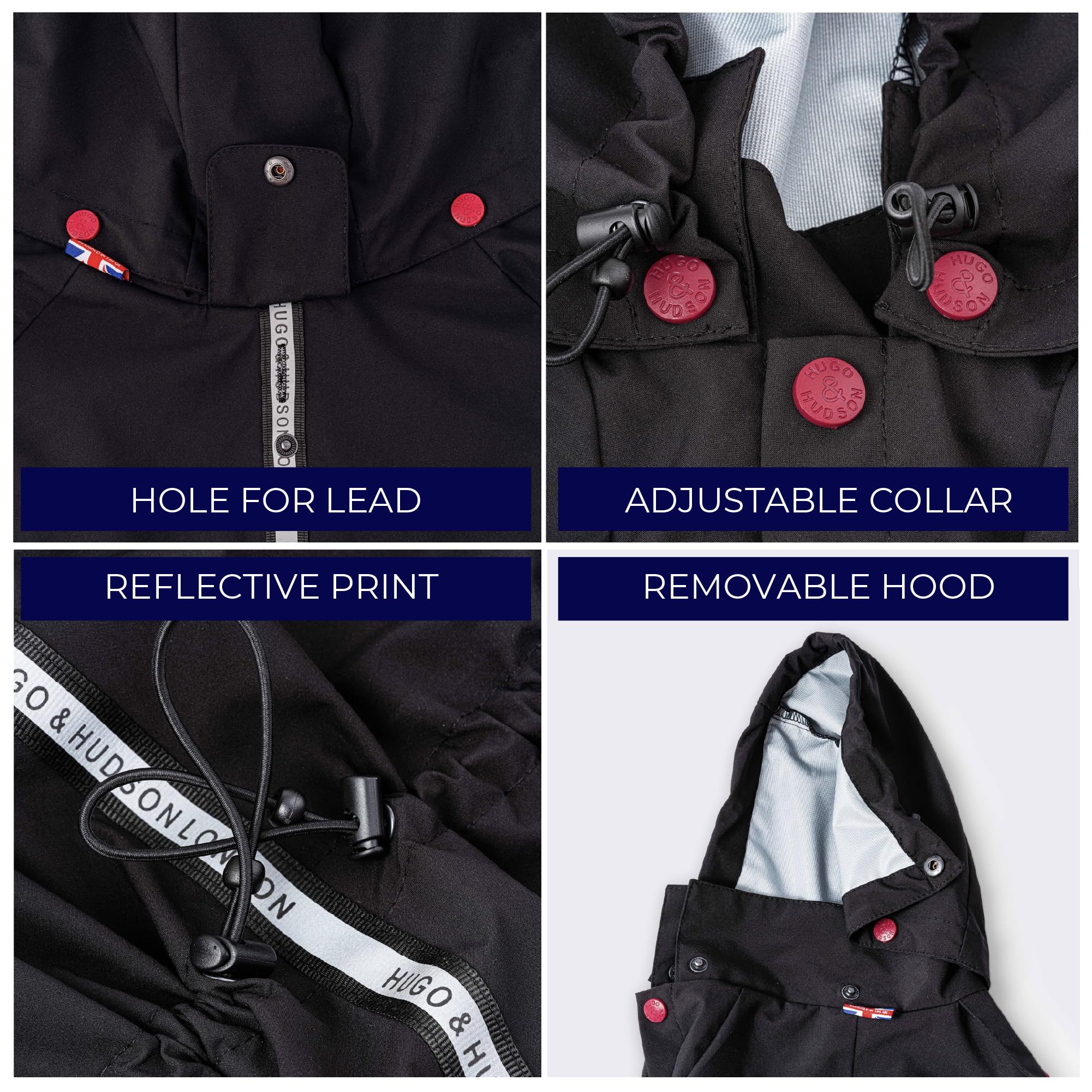 HUGO & HUDSON Reflektierende Jacke für Hunde, Kapuzenoverall, winddichter Wintermantel, Schwarz XS30
