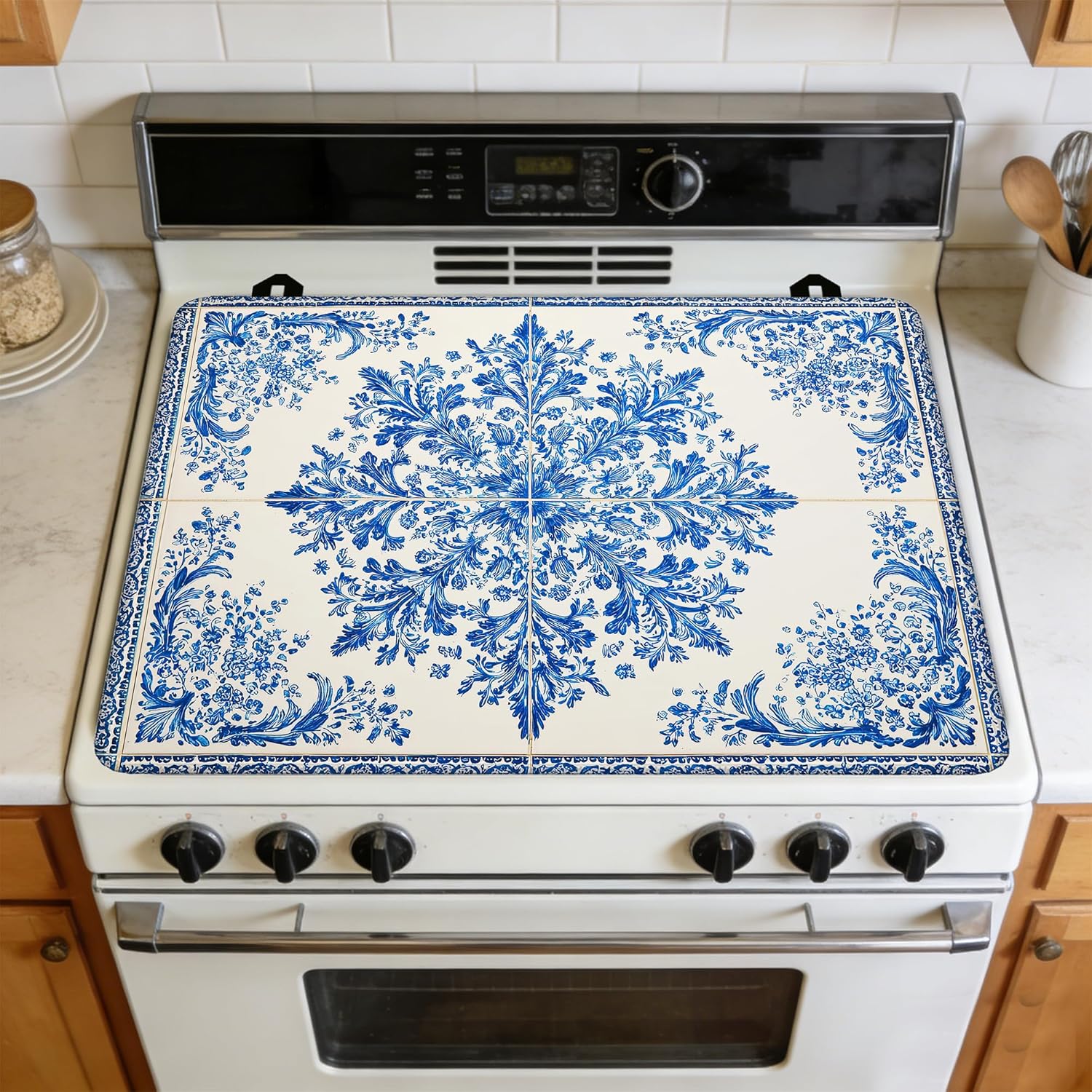 Blue White Tile Stove Top Covers Pad 28 x 20 inches Dish Drying Mat Coffee Bar Mats Kitchen Decor Absorbent Pad Fit Coffee Maker Machine Dish Drying