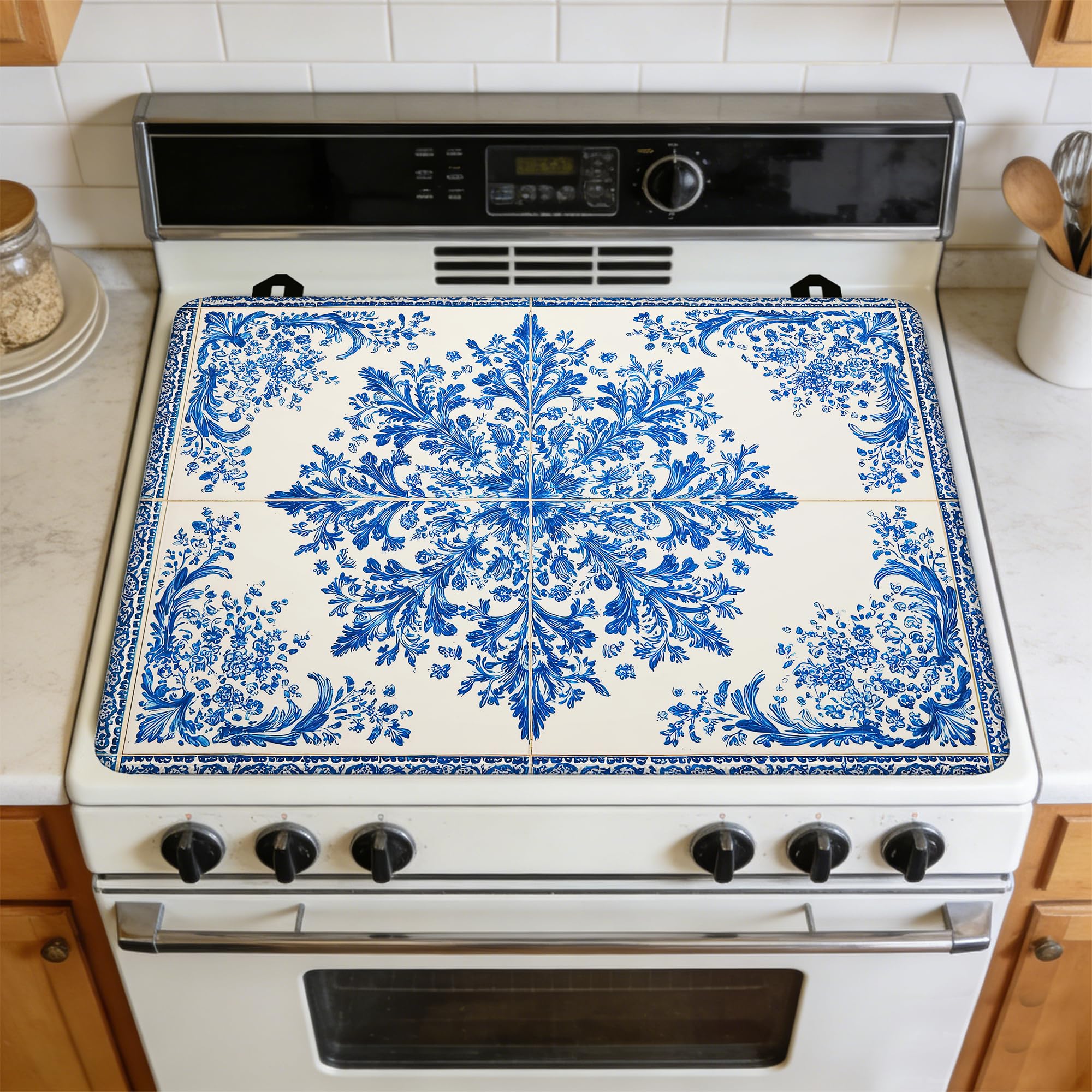 Blue White Tile Stove Top Covers Pad 28 x 20 inches Dish Drying Mat Coffee Bar Mats Kitchen Decor Absorbent Pad Fit Coffee Maker Machine Dish Drying