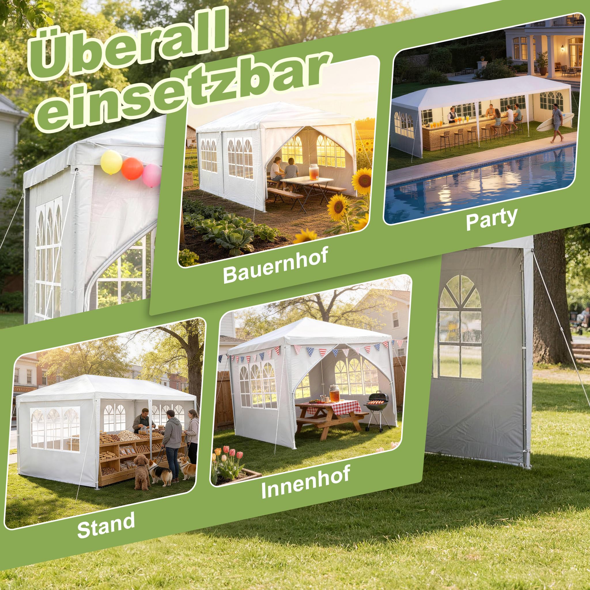 Froadp Carpa de jardín de 3 x 3 m con 4 paredes laterales, para fiestas, estructura de acero, resistente al agua, para jardín, mercado, boda, color blanco