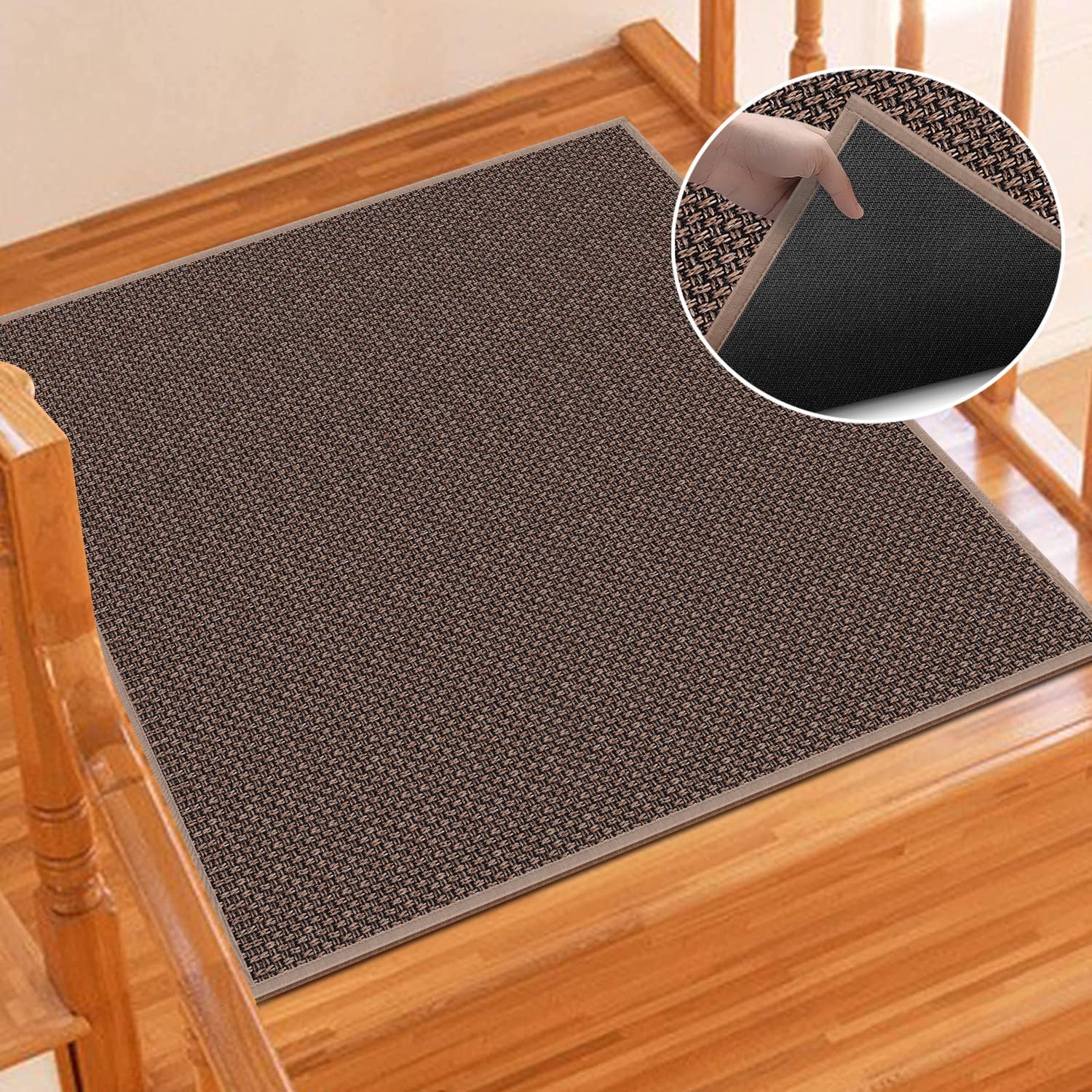 GOYLSER Rubber Stair Landing Rug, Indoor Stair Landing Mat for Wooden Steps Skid Resistant Stair Floor Mat, Rubber Backed Step Matching Mat, Light Brown, 31"x31"