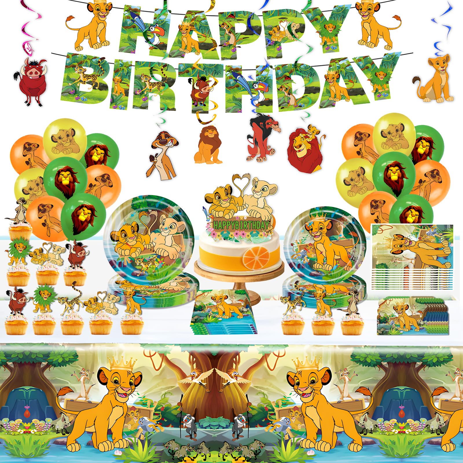 111PCS Lion King Birthday Party Decoration, Kid Decorations Tableware Kit Including Banner Latexballoons Paper Plates Napkins Cake Topper, Theme Party Supplies Pack for Fans Boys Girls