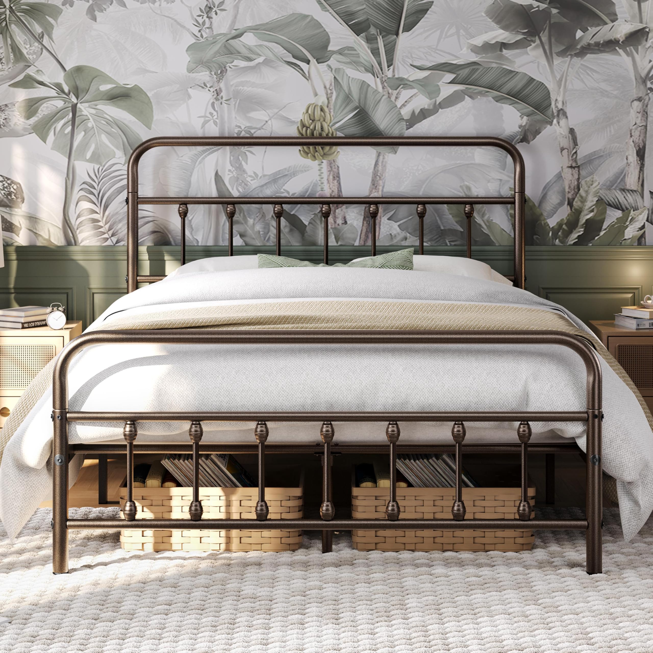 Yaheetech Classic Metal Platform Bed Frame Mattress Foundation with Victorian Style Iron-Art Headboard/Footboard/Under Bed Storage/No Box Spring Needed/Queen Size Bronze