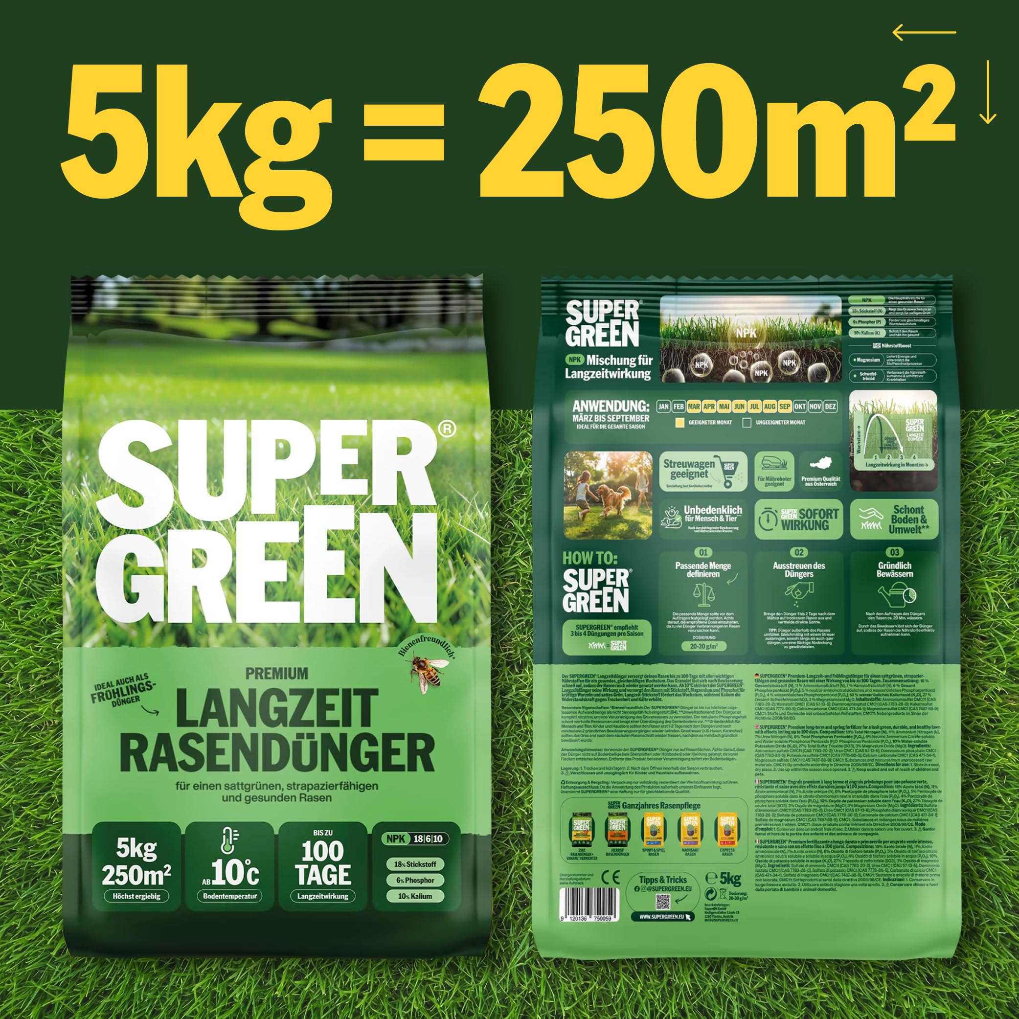 SUPERGREEN Rasendünger Langzeit bis 100 Tage | 5kg | NPK 18-6-10 für schnellen, sattgrünen, dichten Rasen | Nitratfrei & staubfreies Granulat (2-5 mm) | Premium Qualität