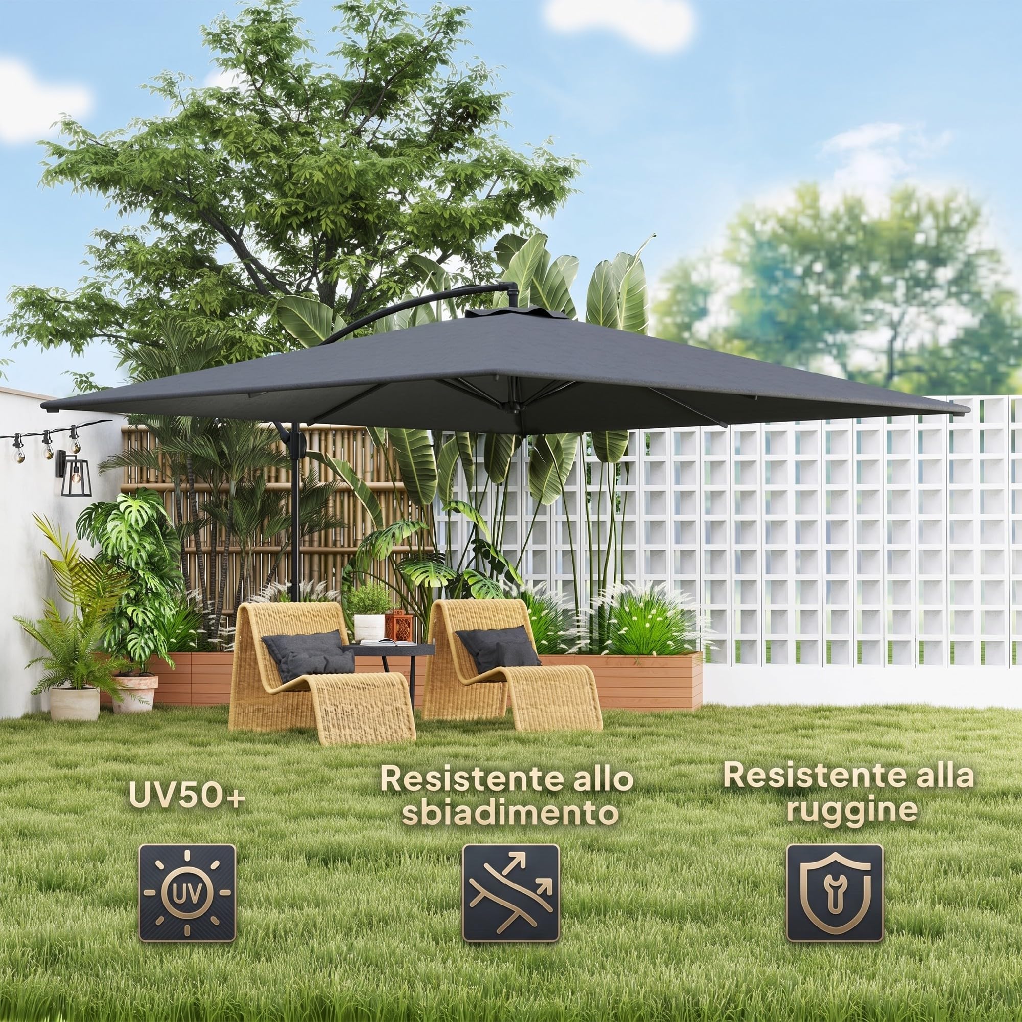 Outsunny Ombrellone Decentrato 2.8x3.8 m con Tettuccio Inclinabile Regolabile, Manovella e Prese d'Aria, Base a Croce, Ombrellone da Giardino in Metallo e Poliestere UV50+, Grigio