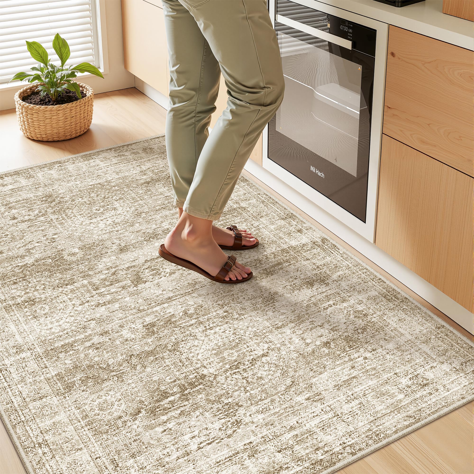Restydon 3x4 Washable Area Rug for Entryway, Soft Kitchen Rugs Non Slip for Dining Room, Vintage Abstract Living Room Rug, Thin Area Rugs Indoor for Bedroom, Kids Room Decor(3'x4', Brown/Ivory)
