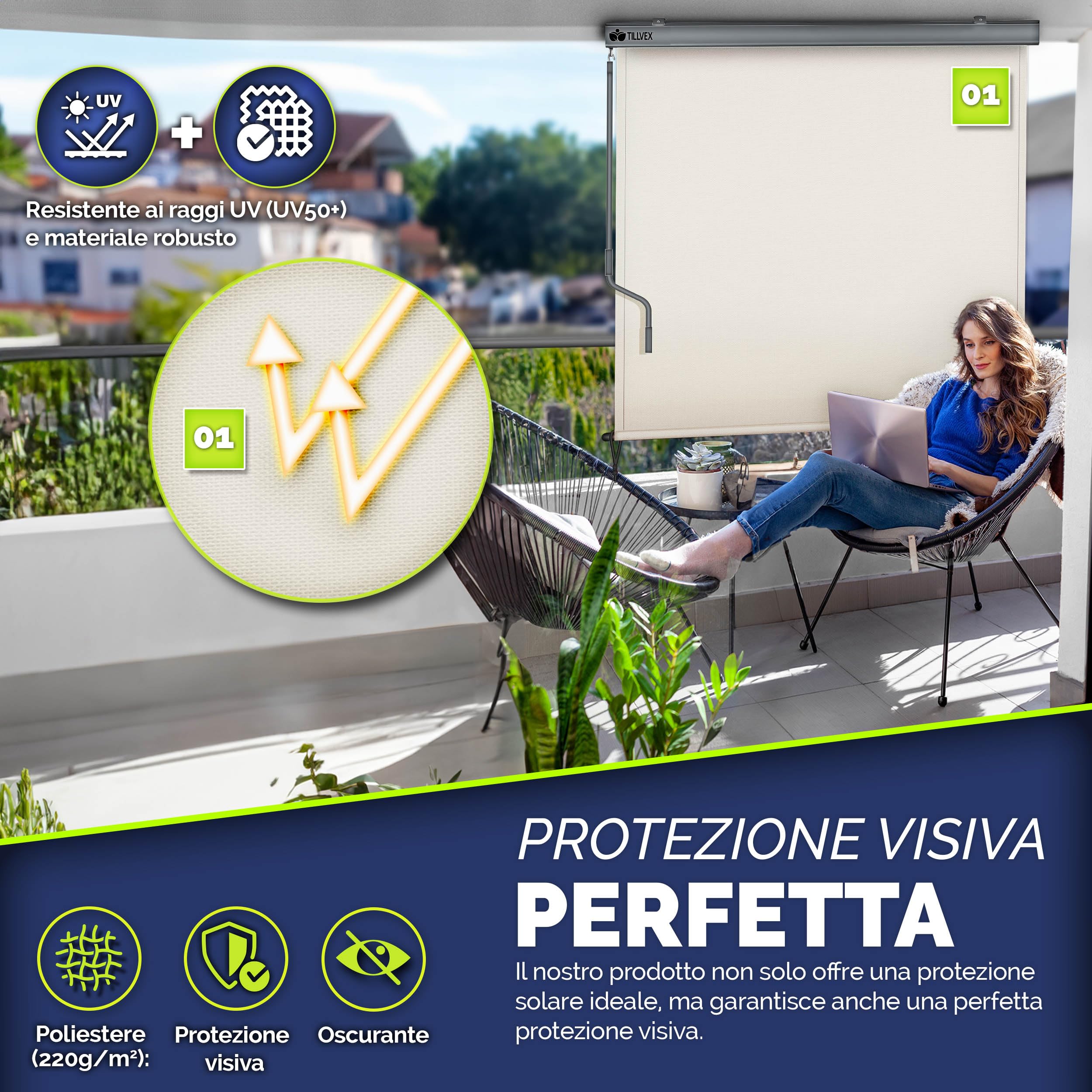 tillvex® Tenda da sole verticale per interni ed esterni, impermeabile, con manovella, per balcone, terrazza e giardino, tenda parasole in alluminio (beige, 250 x 200 cm)