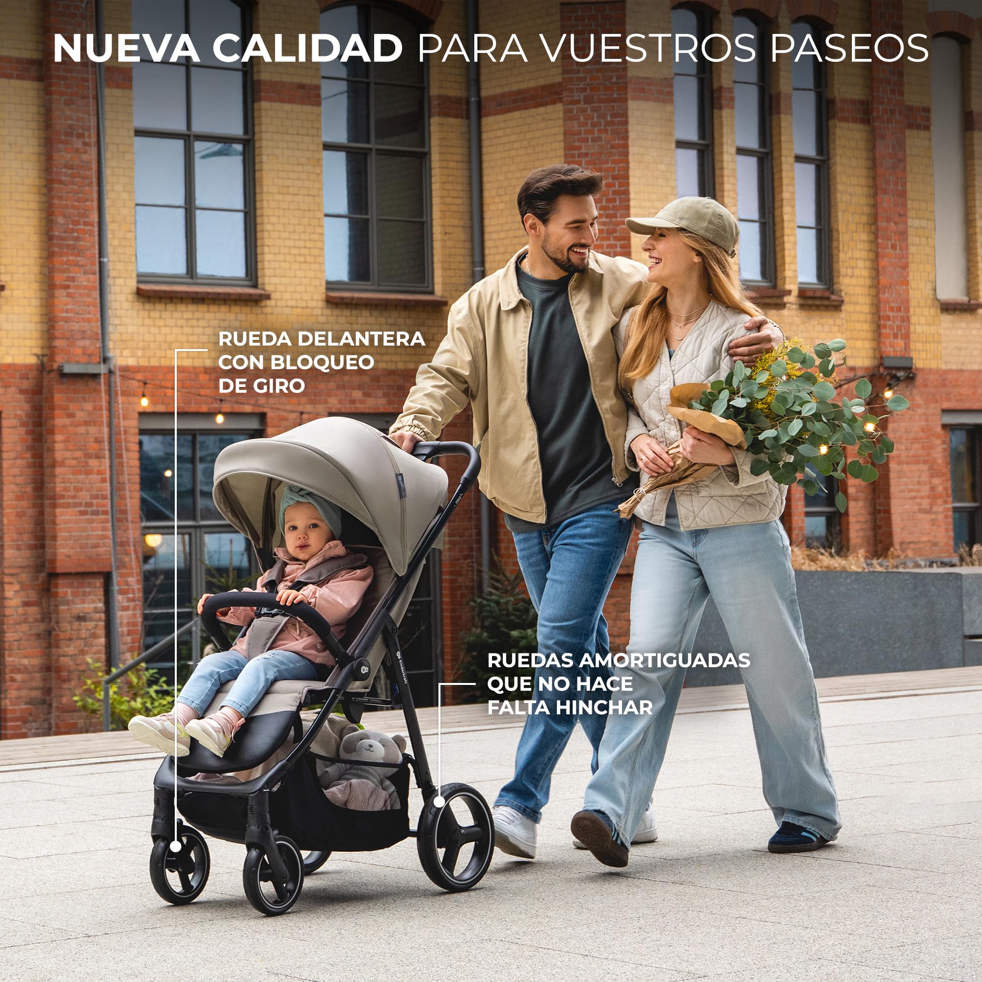 Kinderkraft TRIG 3, Silla de Paseo, Ligera y manejable, Suspensión, Cinturón de 5 puntos, Reposapiés, Ajustable, Carga máxima de 25 kg, Beige