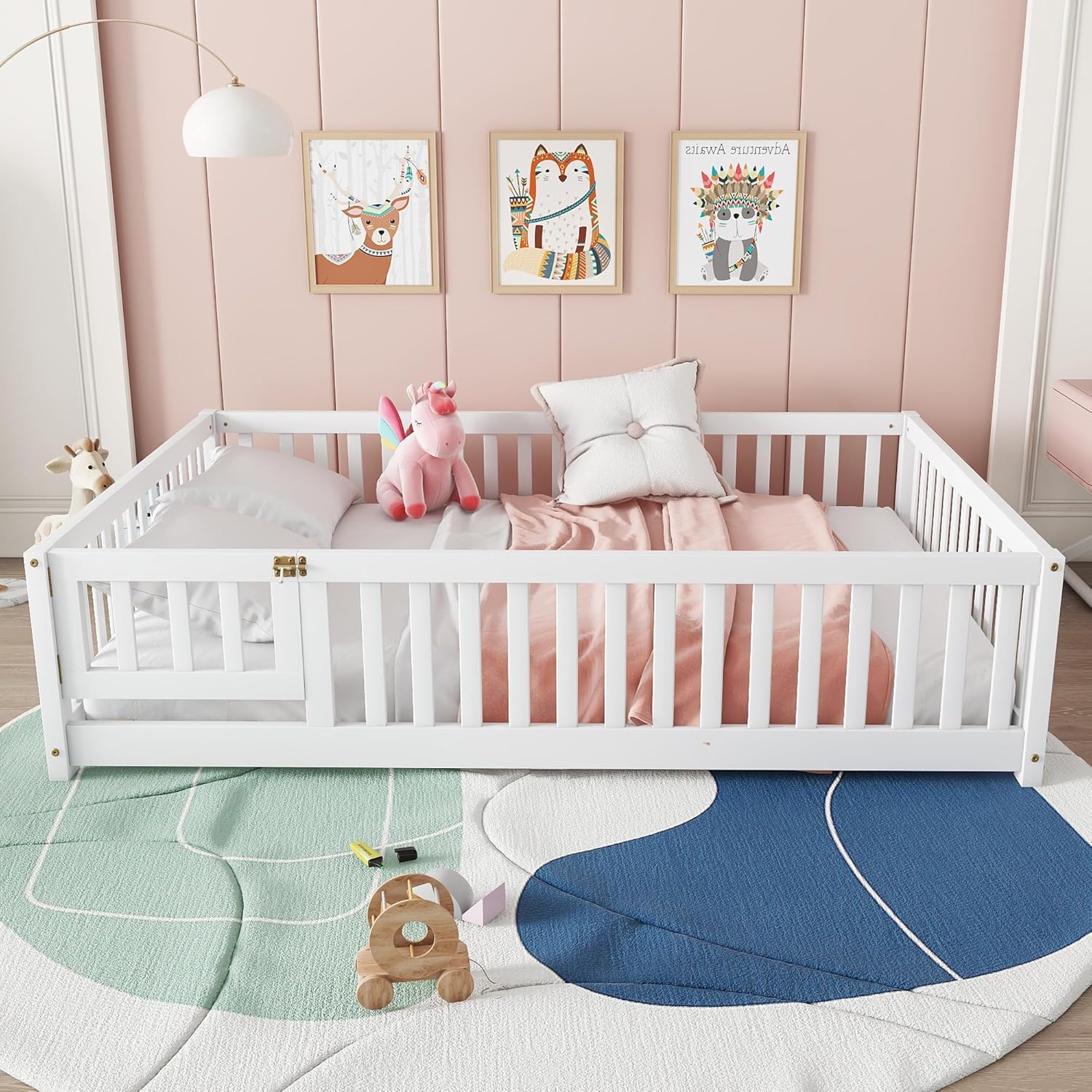 Full Size Floor Bed with Slats and Center Support Bar, Montessori Floor Bed with Fence and Door White
