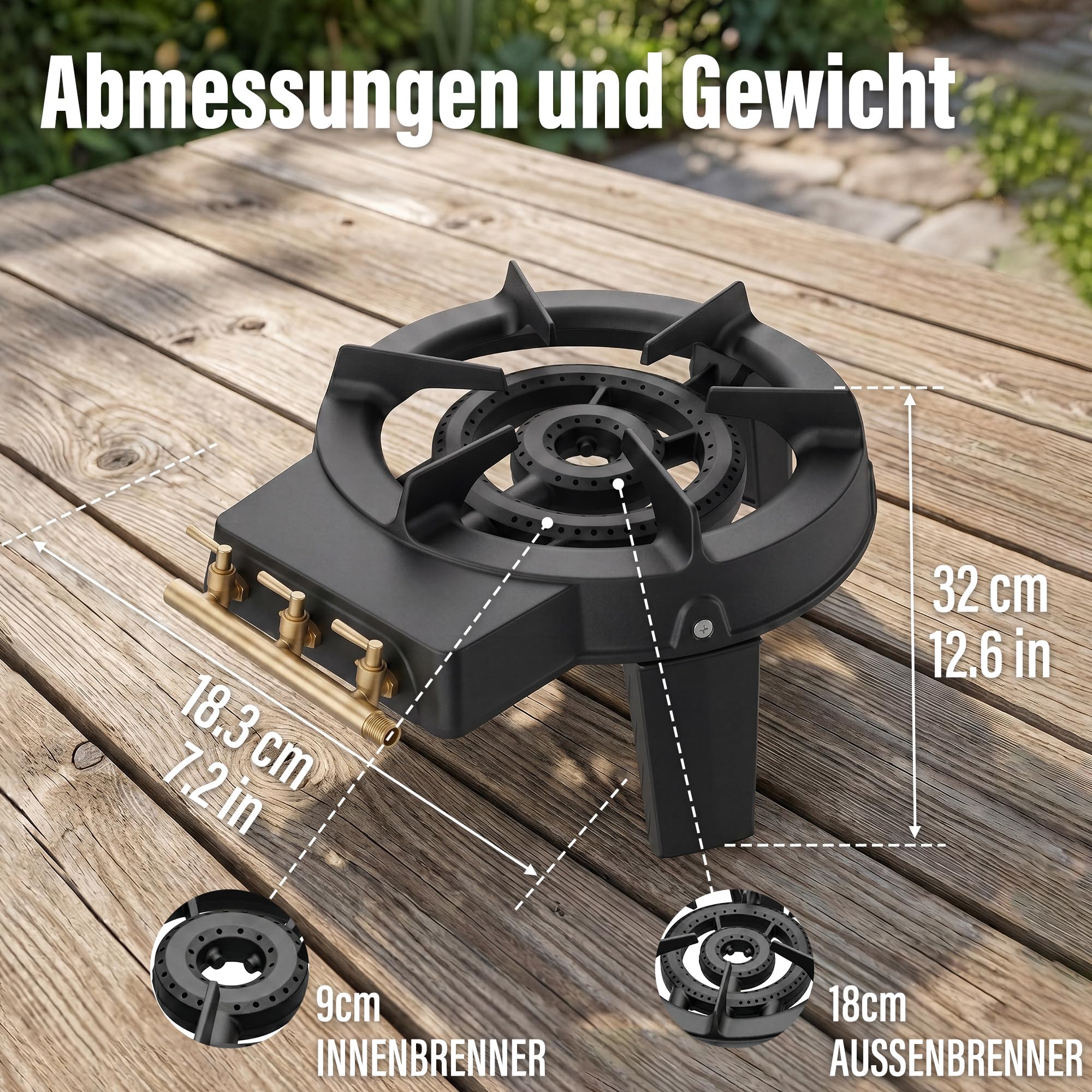 Veralune 9 kW Wokbrenner – Gusseisen Gaskocher mit 3 Füßen, 3 Wasserhähnen & Schlauch mit Druckminderer, leistungsstark für Outdoor, Garten, Camping & BBQ