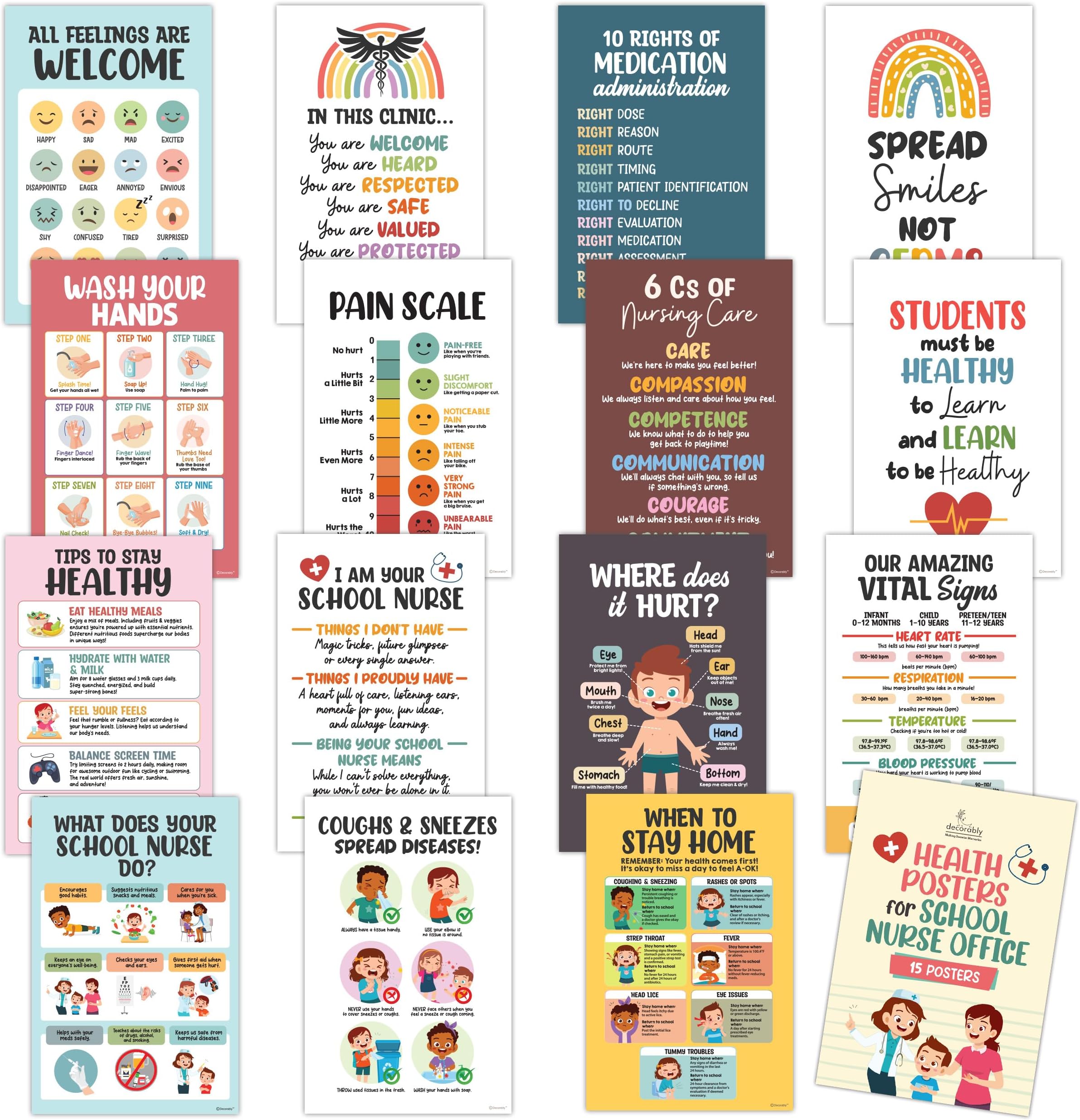 Decorably 15 Health Posters for School Nurse Office Decor, 11x17in Matte-Laminated Educational & Learning Decorations - for School, Hallways, Bulletin Boards, Home Study Room