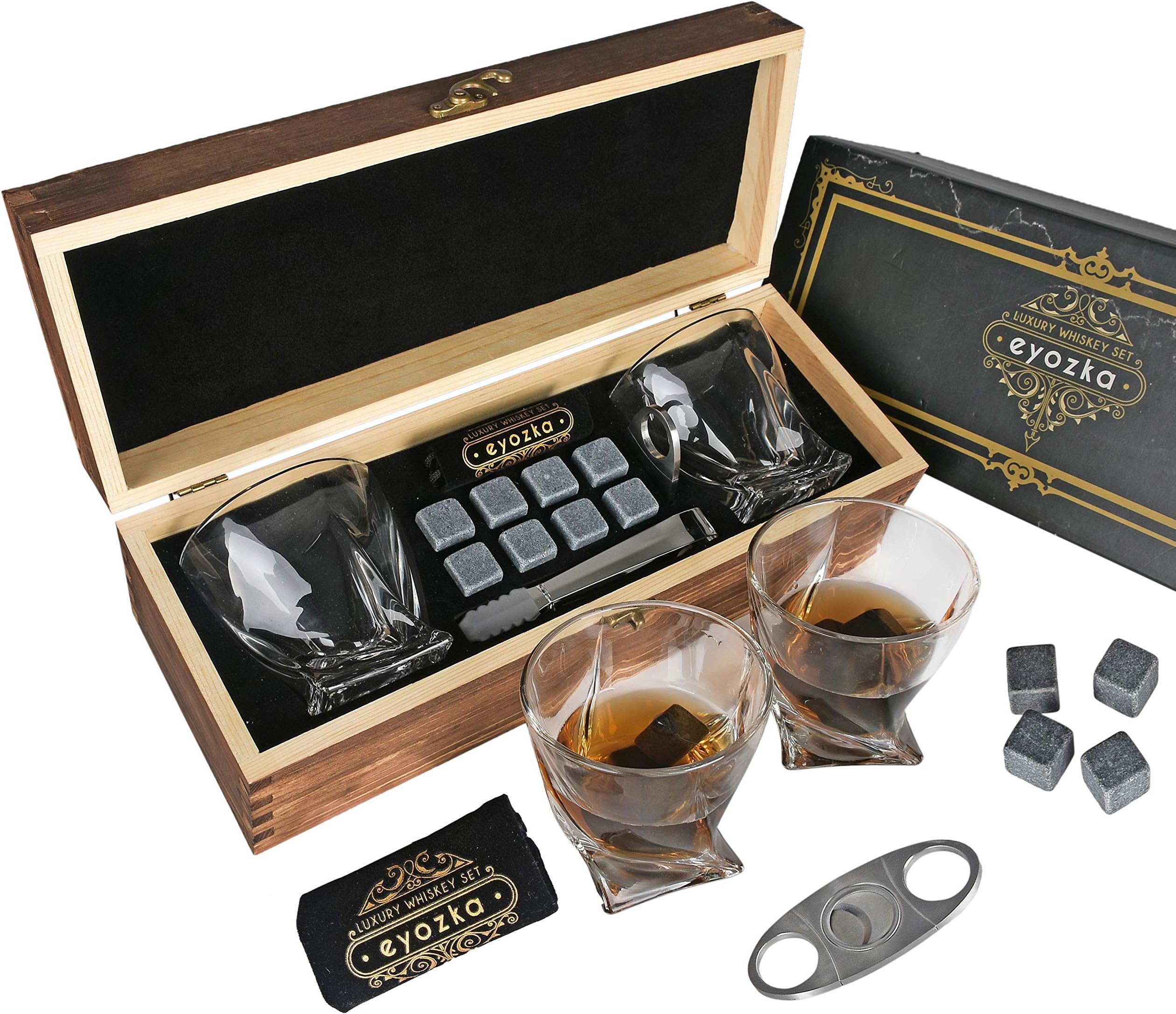 EYOZKAWhiskey Glass Set Gift Box - Cigar Cutter and Whiskey Stones Included - Chilling Stones Gift Set - Scotch Bourbon Glasses Bar Accessories - Whiskey Glasses - Unique Gifts for Men