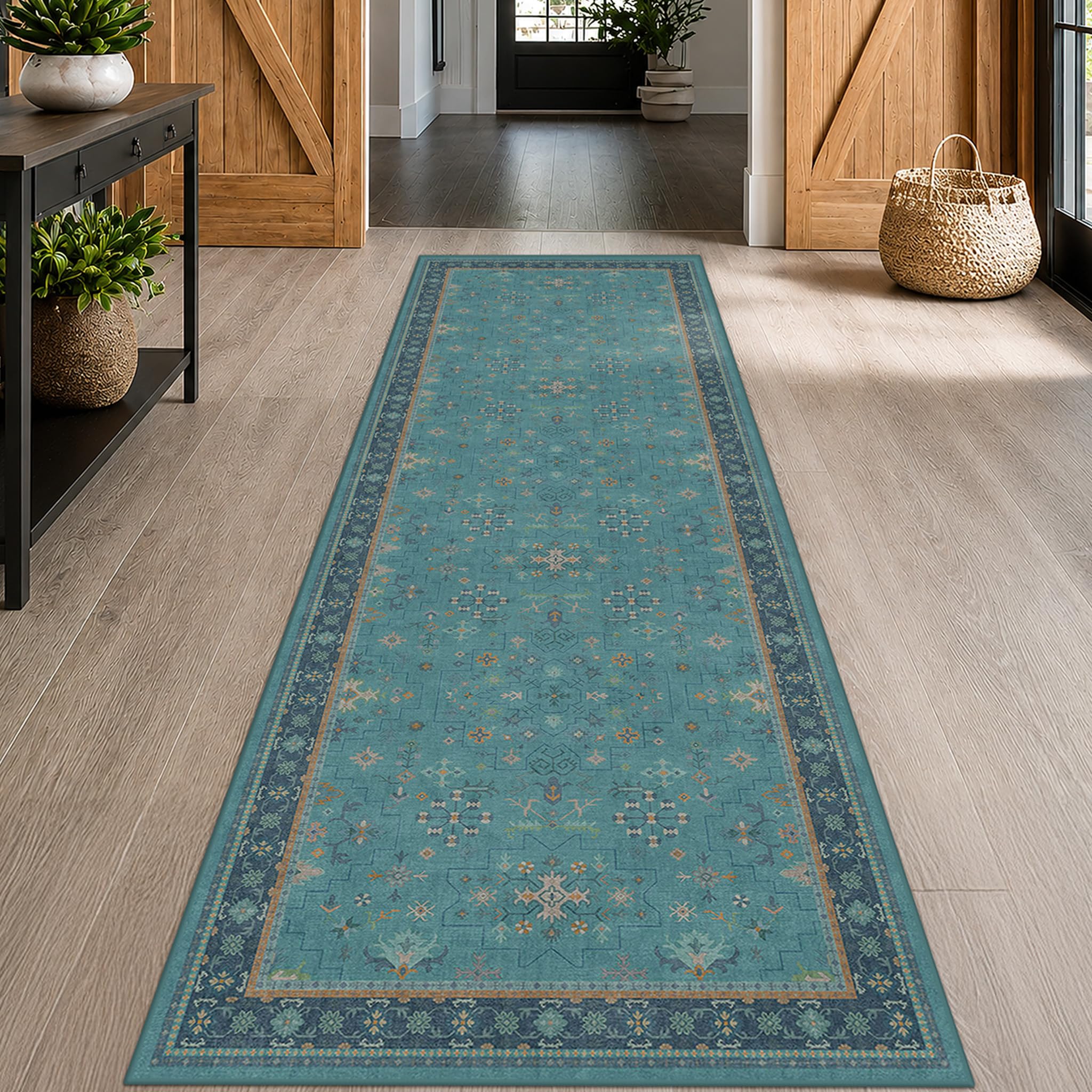 Hazo Haus Teal 10ft Long Hallway Runner Rug - 3 x 10 Runner Rug, Boho Washable 3x10 Kitchen Floor Mat - Vintage Eclectic Boho Design Décor