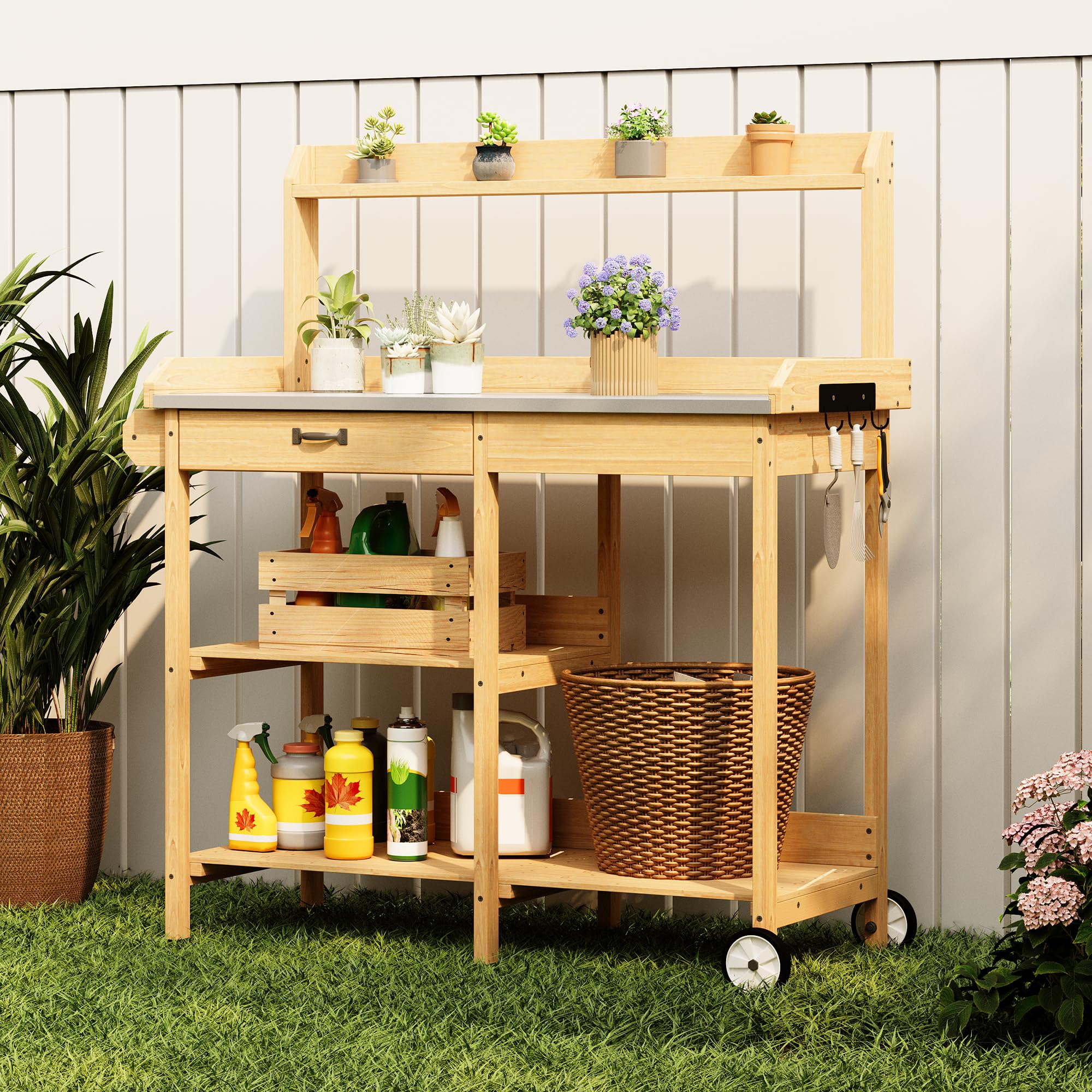 Xbro Mesa de Jardinería con Ruedas, Mesa para Plantas de Madera con Encimera de Metal Galvanizado, Cajón, Estantes y Ganchos para Balcón, Terraza, Jardín, 112 x 43 x 121 cm, (Retro)