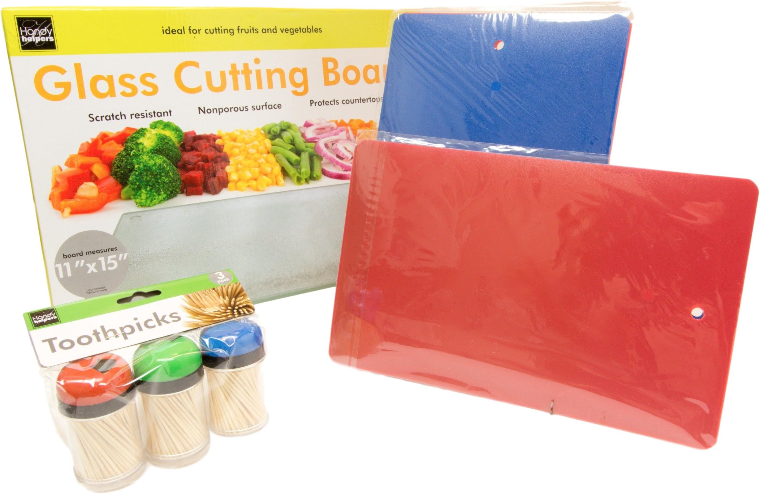 Glass Cutting Board w Chopping Mats PLUS | 11" x 15" Scratch Resistant | Guaranteed | Rubber Feet | Countertop Protection | (4) Flexible Washable Carving Mats | Platters | 3Pk Toothpick Dispensers